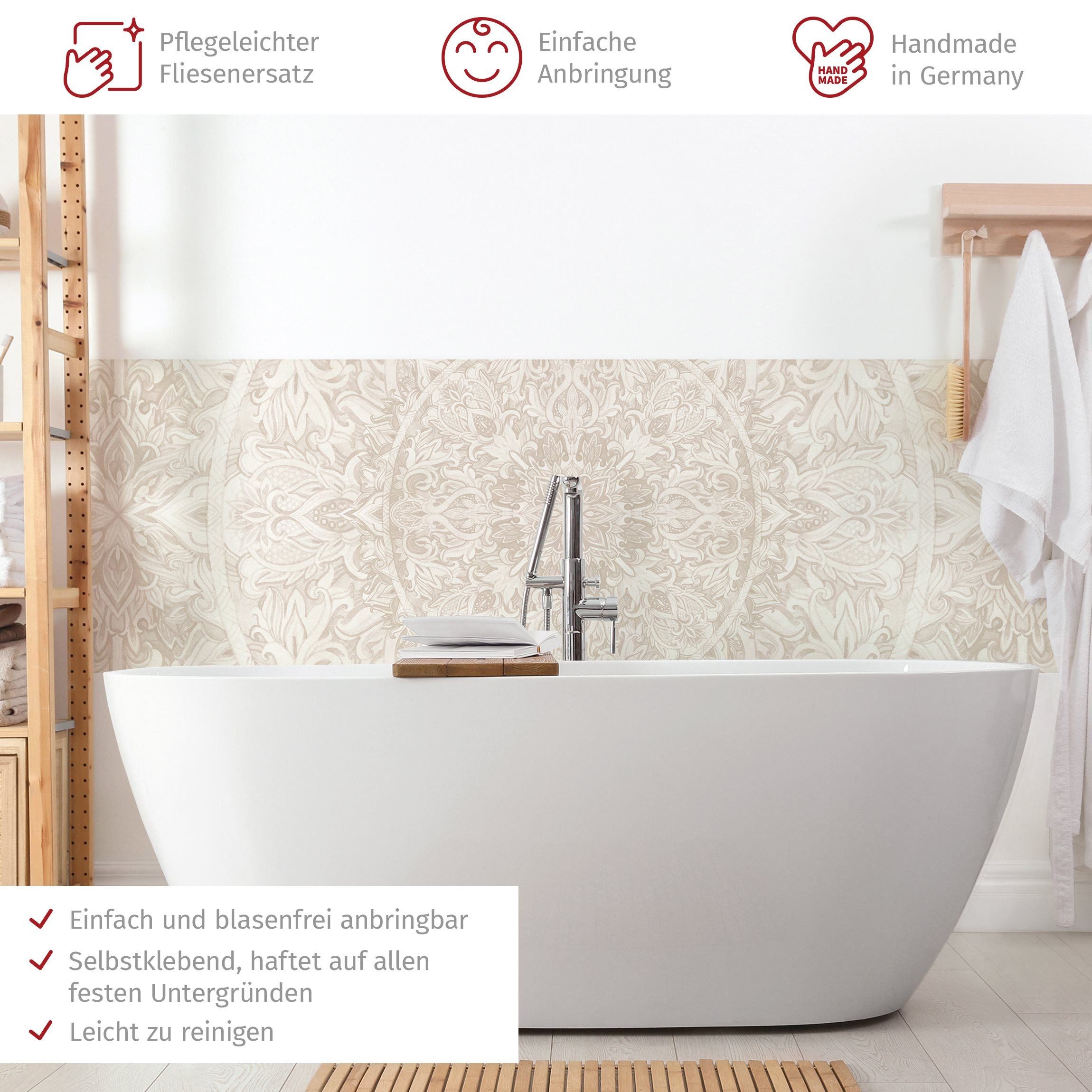 Bilderdepot24 Badrückwand beige fugenlose Wandverkleidung Bad Orientalisch, (Hartfolie matt » Selbstklebend SMART 0,35 mm), wasserfestes Wandpaneel Mandala Muster Ornament