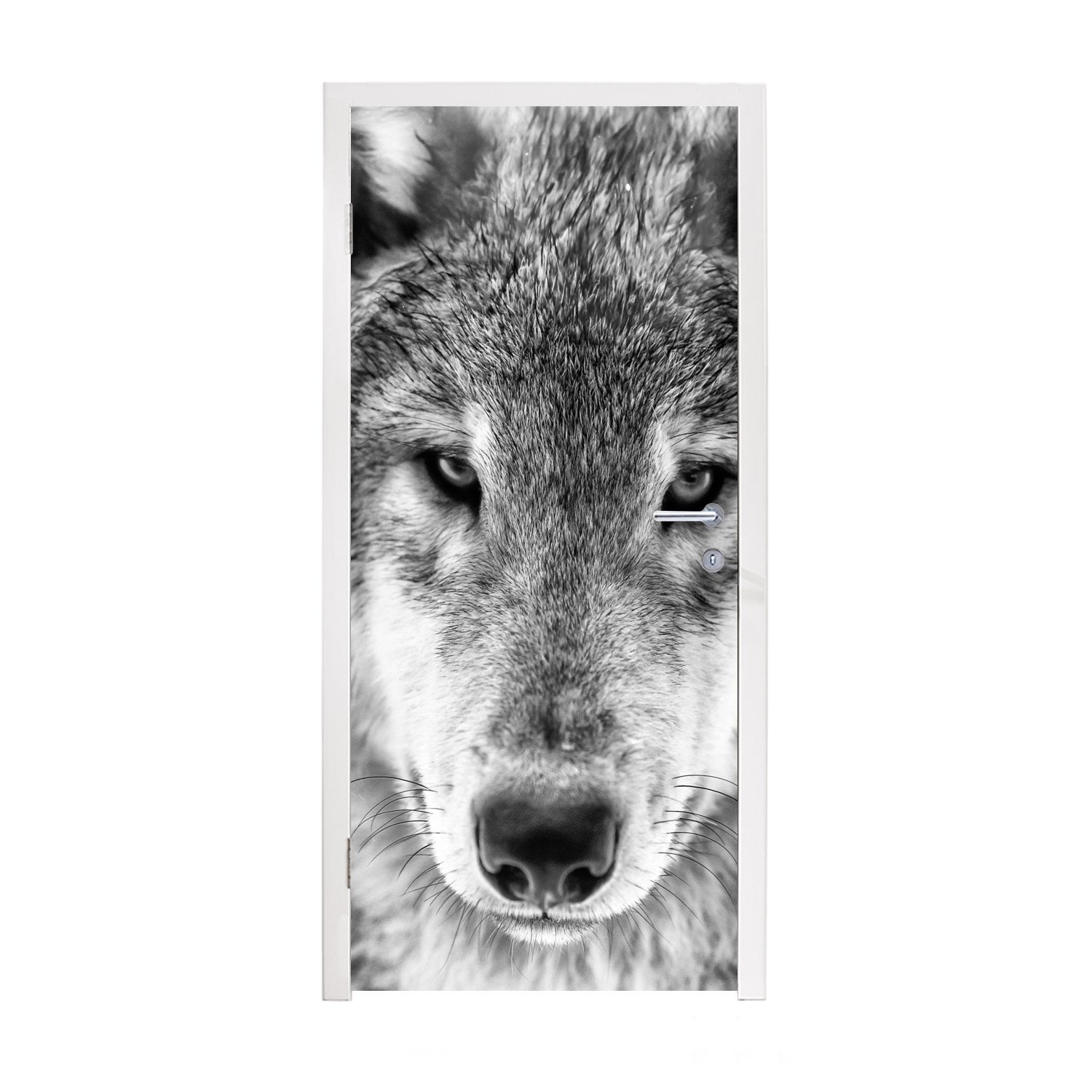 MuchoWow Türtapete Tierprofil Wolf in schwarz und weiß, Matt, bedruckt, (1 St), Fototapete für Tür, Türaufkleber, 75x205 cm