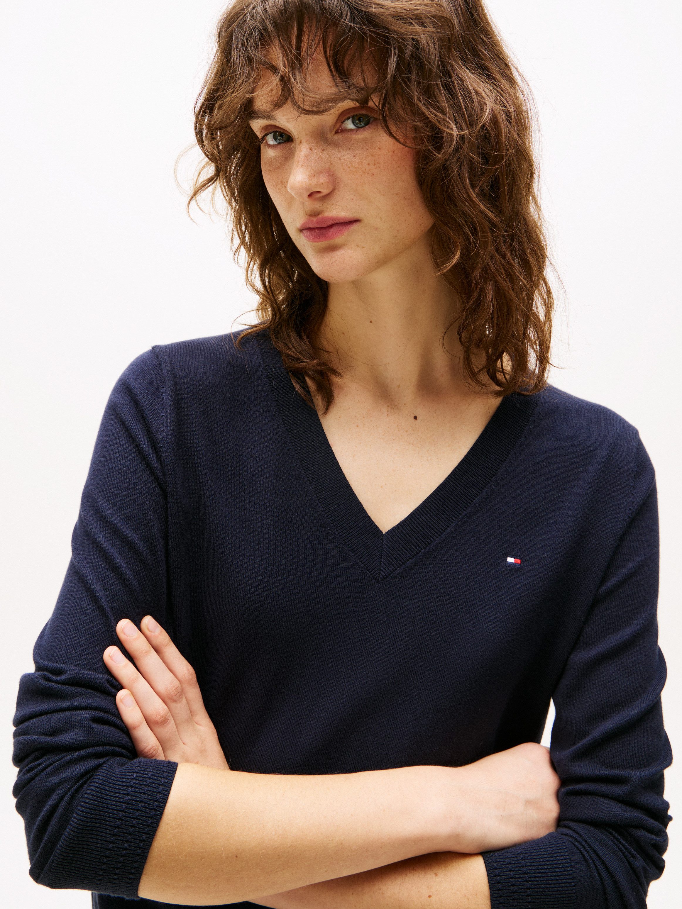 Tommy Hilfiger V-Ausschnitt-Pullover CO JERSEY STITCH V-NK SWEATER Kontrast günstig online kaufen