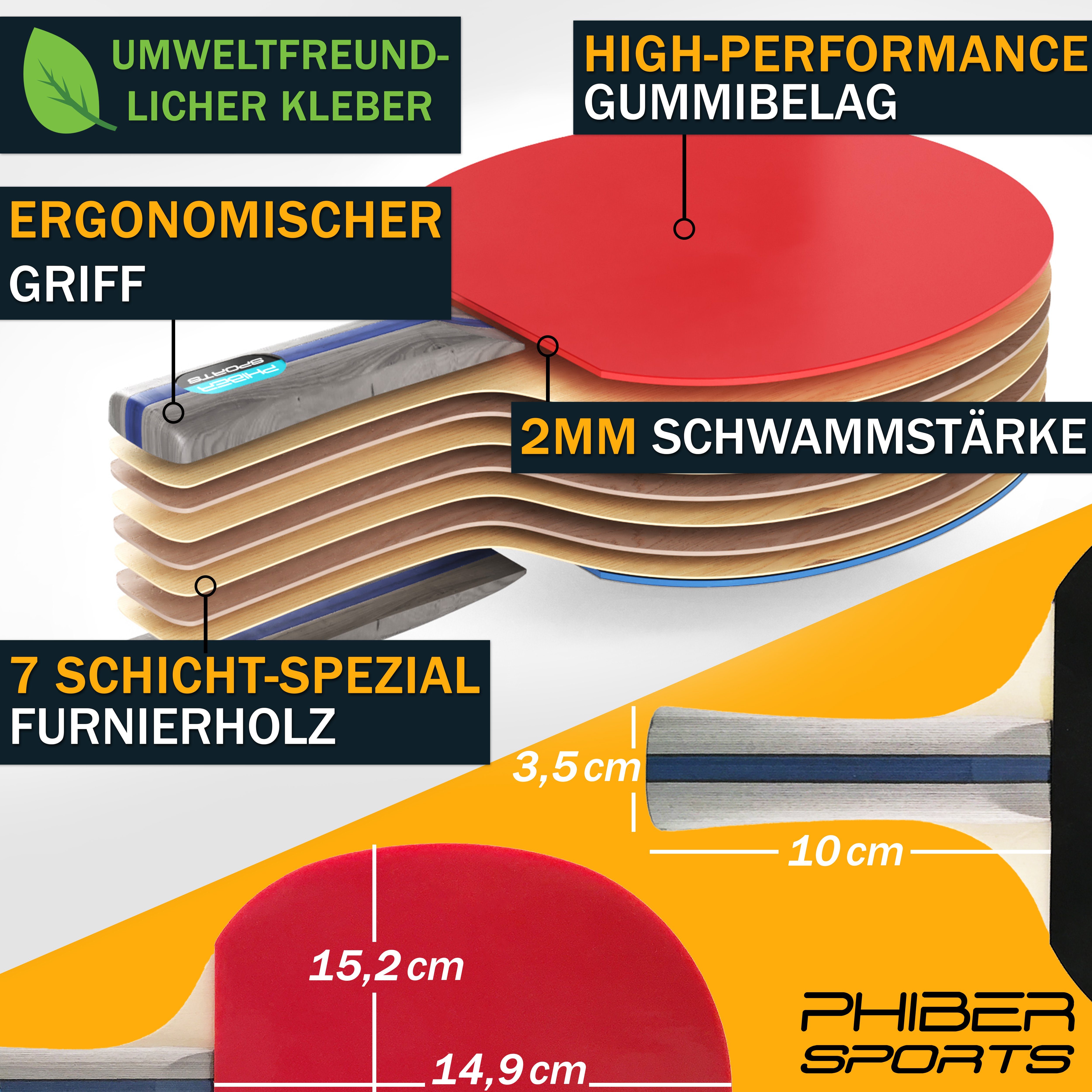 PHIBER-SPORTS Tischtennisschläger 4 Schläger + 8 Tischtennisbälle + Tasche - Anfänger, Familien, Profis (Set, 13-tlg), Tischtennis
