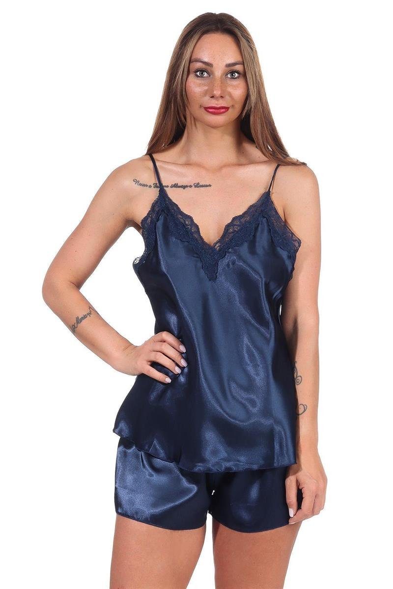 EloModa Capri-Pyjama Damen Satin Nachtwäsche Pyjama Set Shorty mit Spitze; S M L XL 2XL (2 tlg) Satin