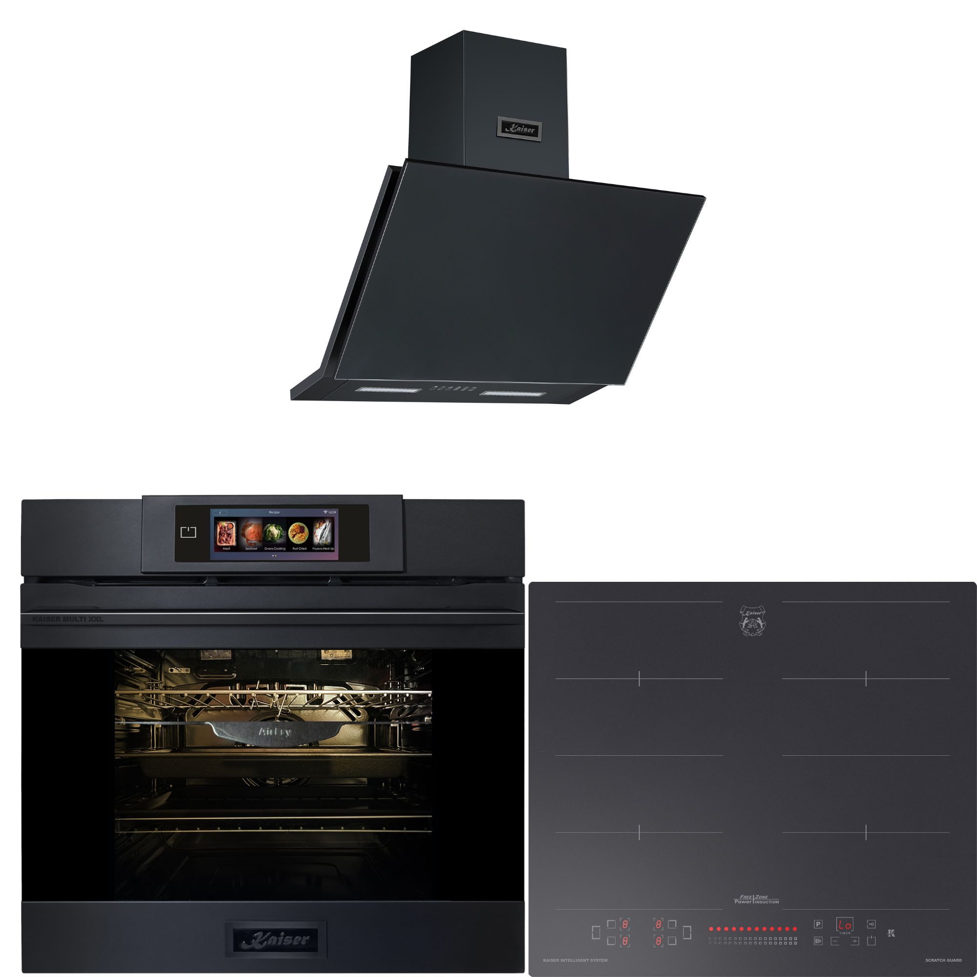 Kaiser Küchengeräte Backofen-Set Herd Set Autark XXL Multi 29, Multifunktions-Elektro-Backofen mit Pyrolyse und Dampfreinigung, 60 cm+Induktions Kochfeld Autark Herd Power Booster 60 cm Anti Scratch/ matt+Dunstabzugshaube 60cm 1250m³/h Schwarz matt EH 6347+KCT 6110 FI+AT 6455 s, mit 1-fach-Teleskopauszug