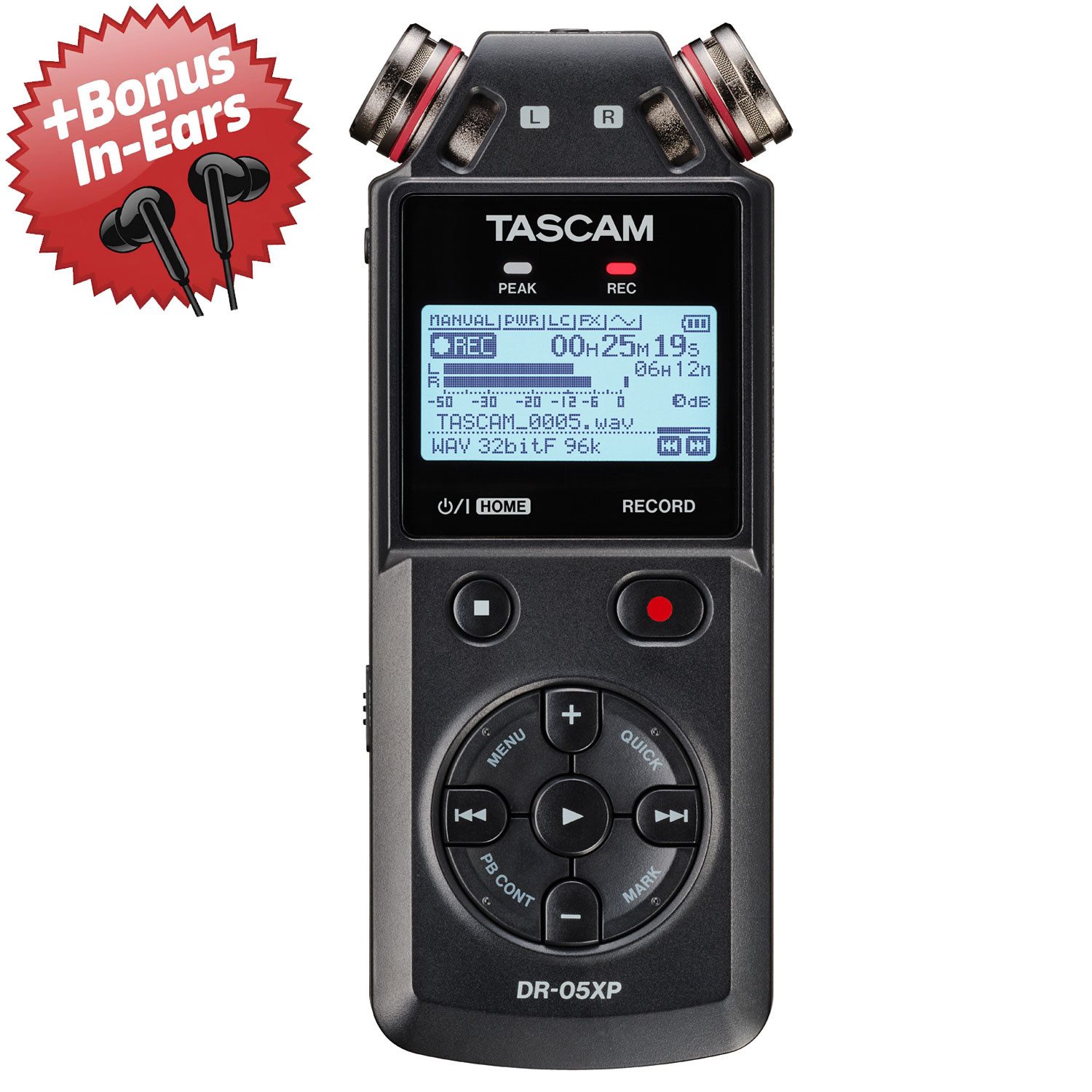 Tascam Tascam Audio-Recorder DR-05XP + Bonus In-Ear Kopfhörer Digitales Aufnahmegerät (Vorteils-Set mit In-Ear Kopfhörer)