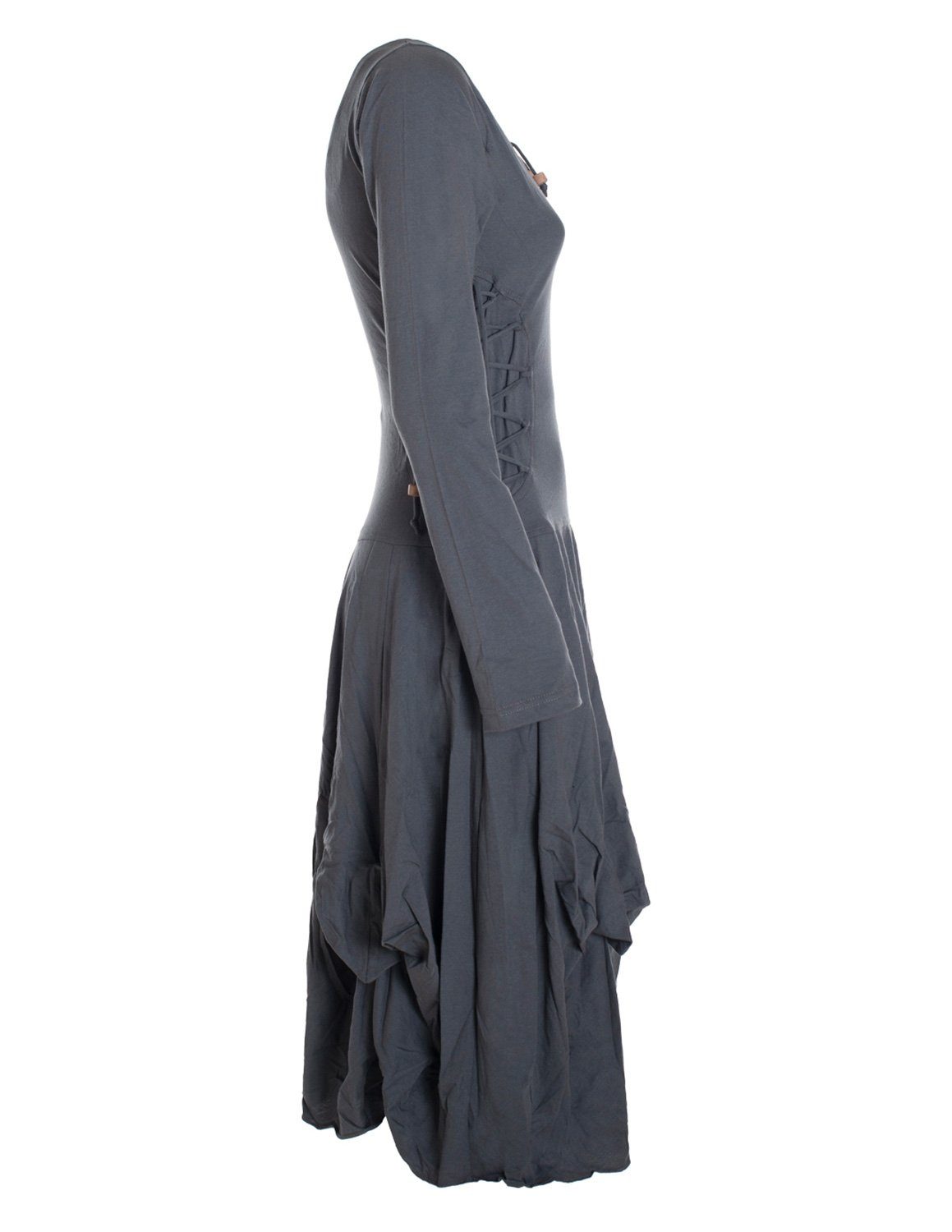 Vishes Midikleid Langes Langarm Bio Ballonkleid einfarbig mit Schnürung V-Ausschnitt Hippie, Elfen, Festag, Style