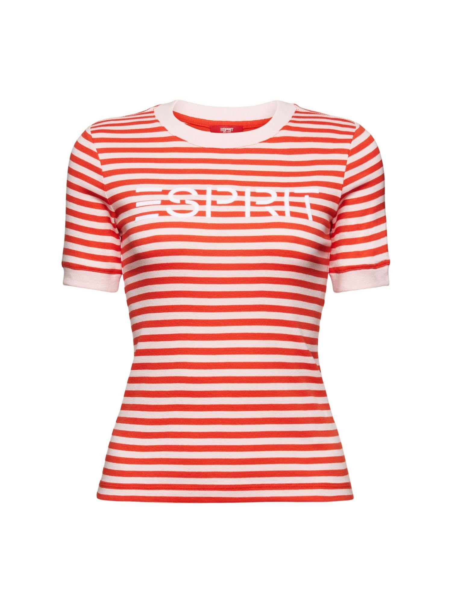 Esprit T-Shirt Gestreiftes Baumwoll-T-Shirt mit Logo-Print (1-tlg) BRIGHT ORANGE