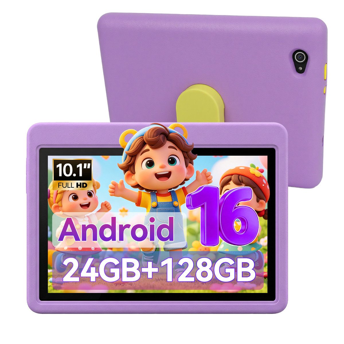 Happybe 10 Zoll 64GB/128GB Android 16 mit Hülle Kindersicherung WLAN Kinder Tablet (10.1", 128 GB, Android, 24(3+21)GB RAM, 6000 mAh)