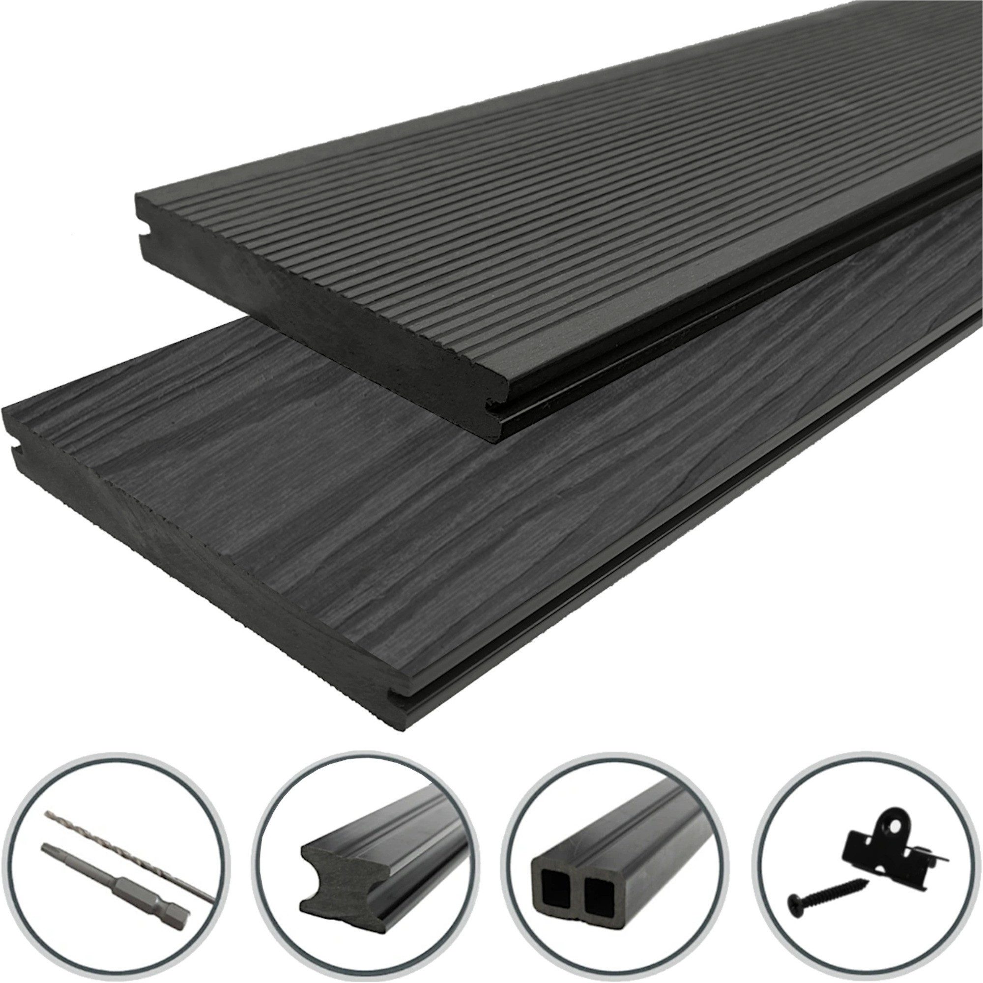 WPC Profi Terrassendielen Terrassen Komplettbausatz Anthrazit Massiv 20mm Bausatz Set 2 - 60m², (Komplettset, mit Unterkonstruktion, Clips und Schrauben)