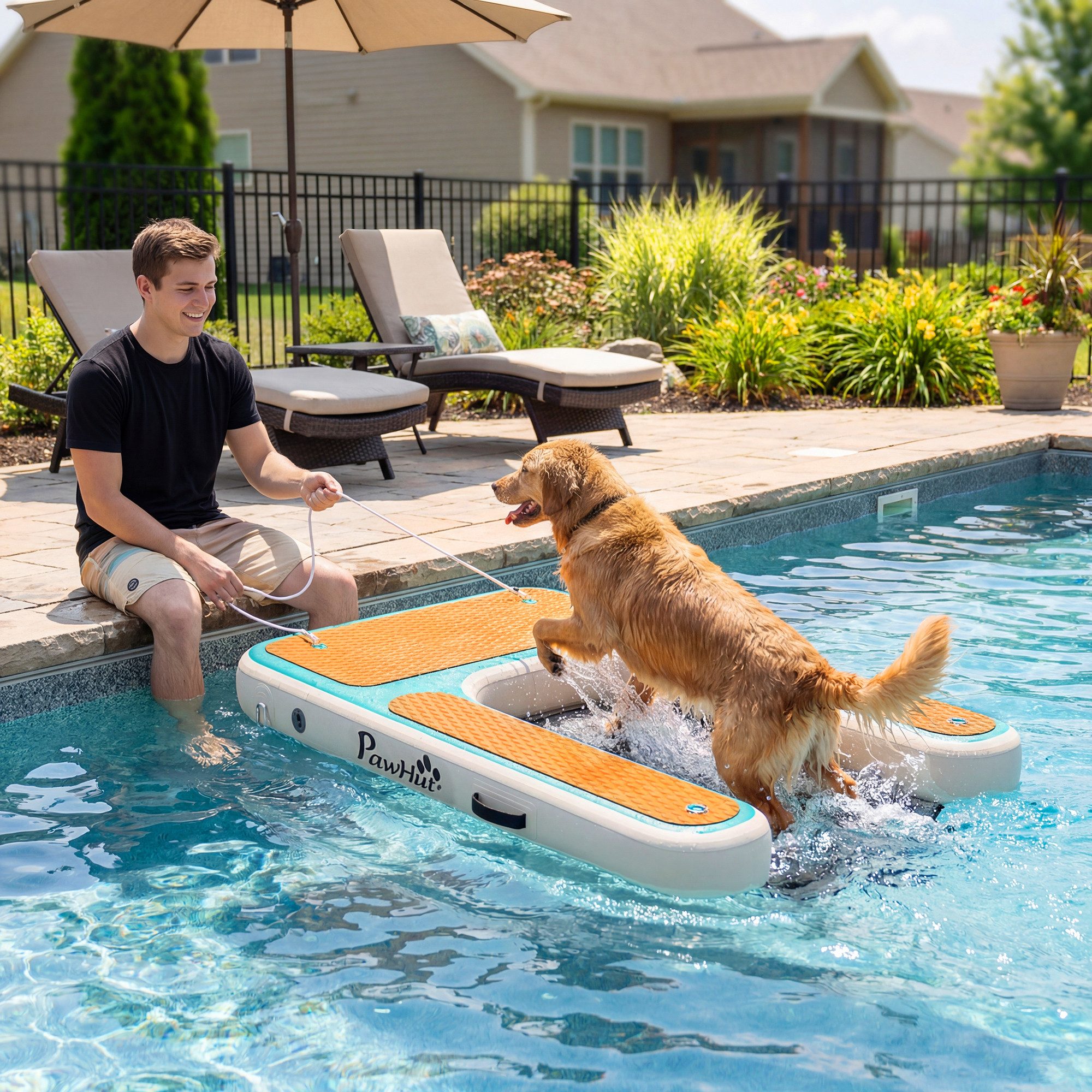 PawHut Hunderampe Schwimmende Dock Leiter mit Rutschfester EVA-Oberfläche (Aufblasbare Hunde Wasserrampe, 1-St., Tragbares Hundeboot), für große Hunde bis 100kg für Pool Boot Seen 151 x 102 x 15 cm Orange