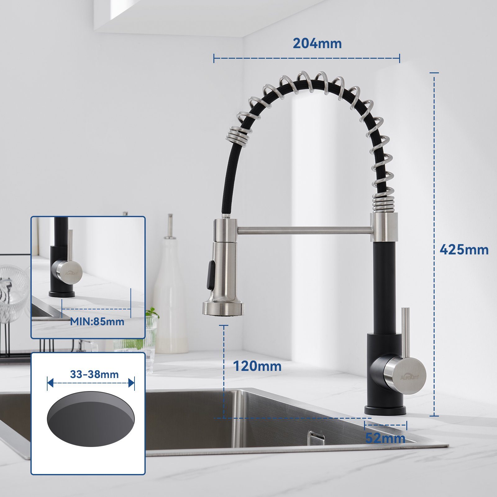 Auralum Schwarz 2 Wasserhahn drehbar Küche Küchenarmatur Spültischarmatur Ausziehbar 360° Spiralfederarmatur Strahlarten