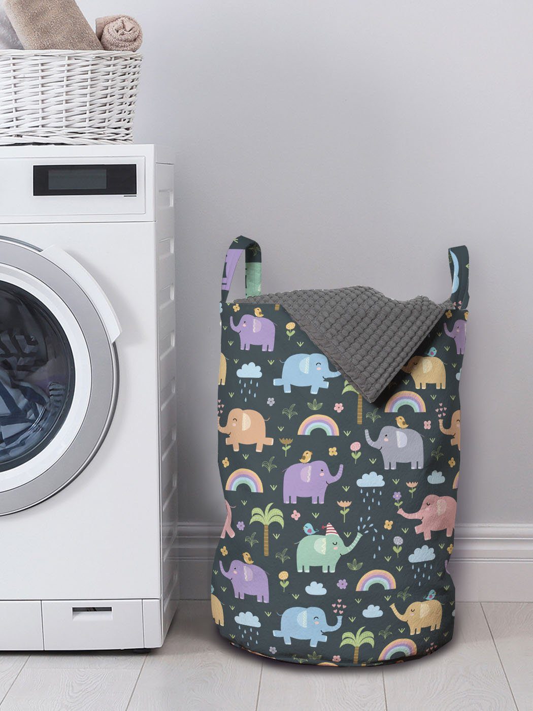 Abakuhaus Wäschesäckchen mit Elefanten Wäschekorb für Waschsalons, Vögel Elefant Griffen Kordelzugverschluss Bunte