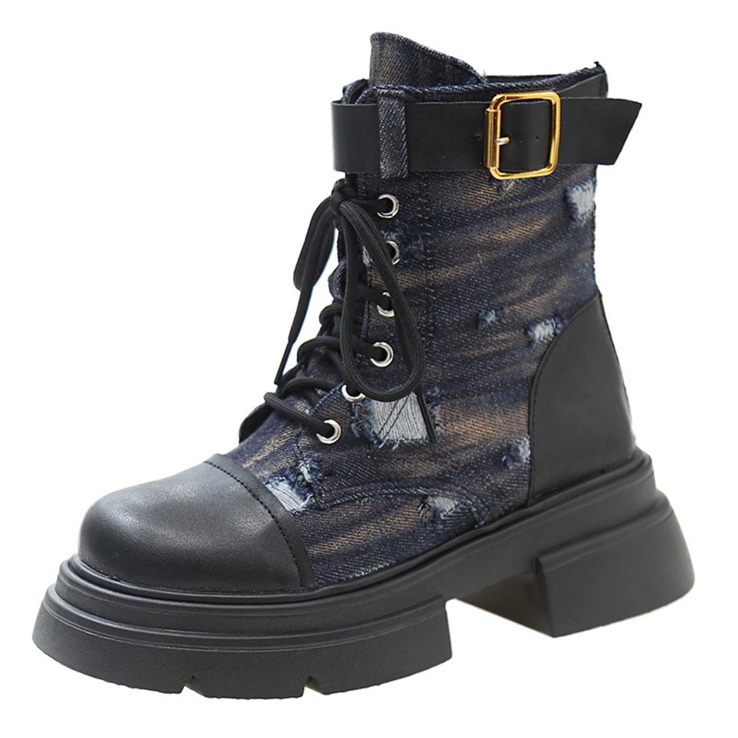 Daisred Denim Boots Damen, Combat Boot, Stiefeletten Ankle Boot Cowboy Boots Navy Blau