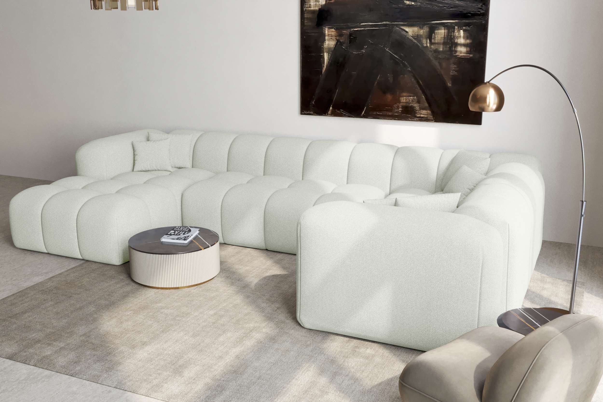 99rooms Wohnlandschaft Livorno U, Sofa, U-Form, Rundumbezug aus gepolstertem Strukturstoff NEVE