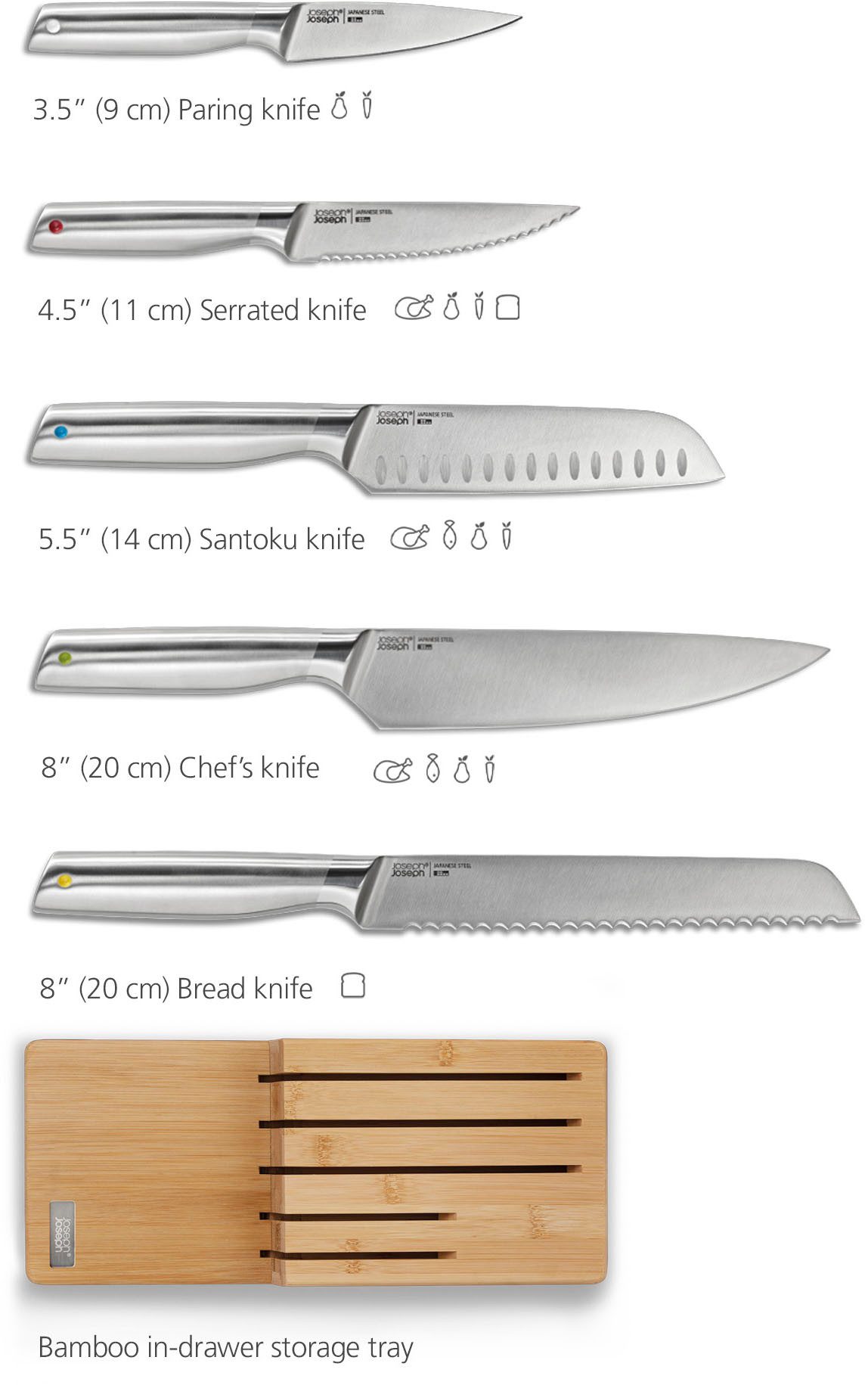 Joseph Joseph Messer-Set Elevate Steel Knives Bamboo Store (6-tlg), rutschfest, Bambus, Klingen aus japanischem Edelstahl – Bild 4 von 5