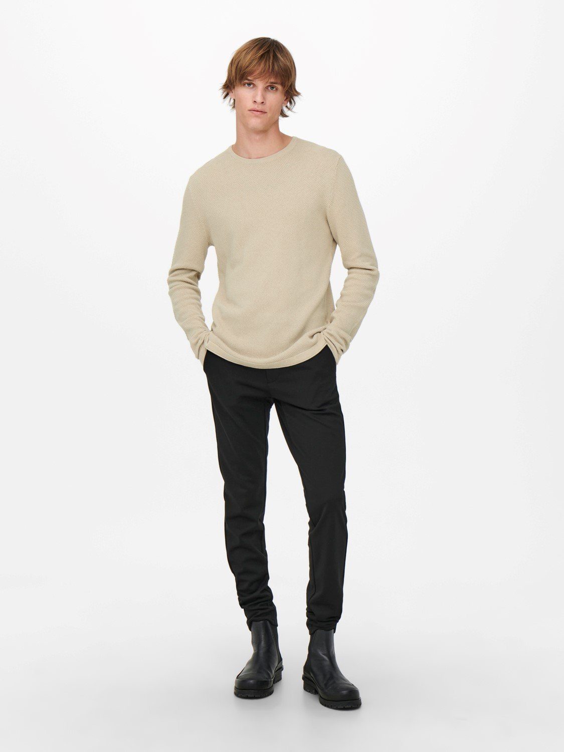 ONLY & Basic ONSPANTER Sweater Strickpullover Strickpullover Rundhals Dünner Beige SONS in Langarm 4421