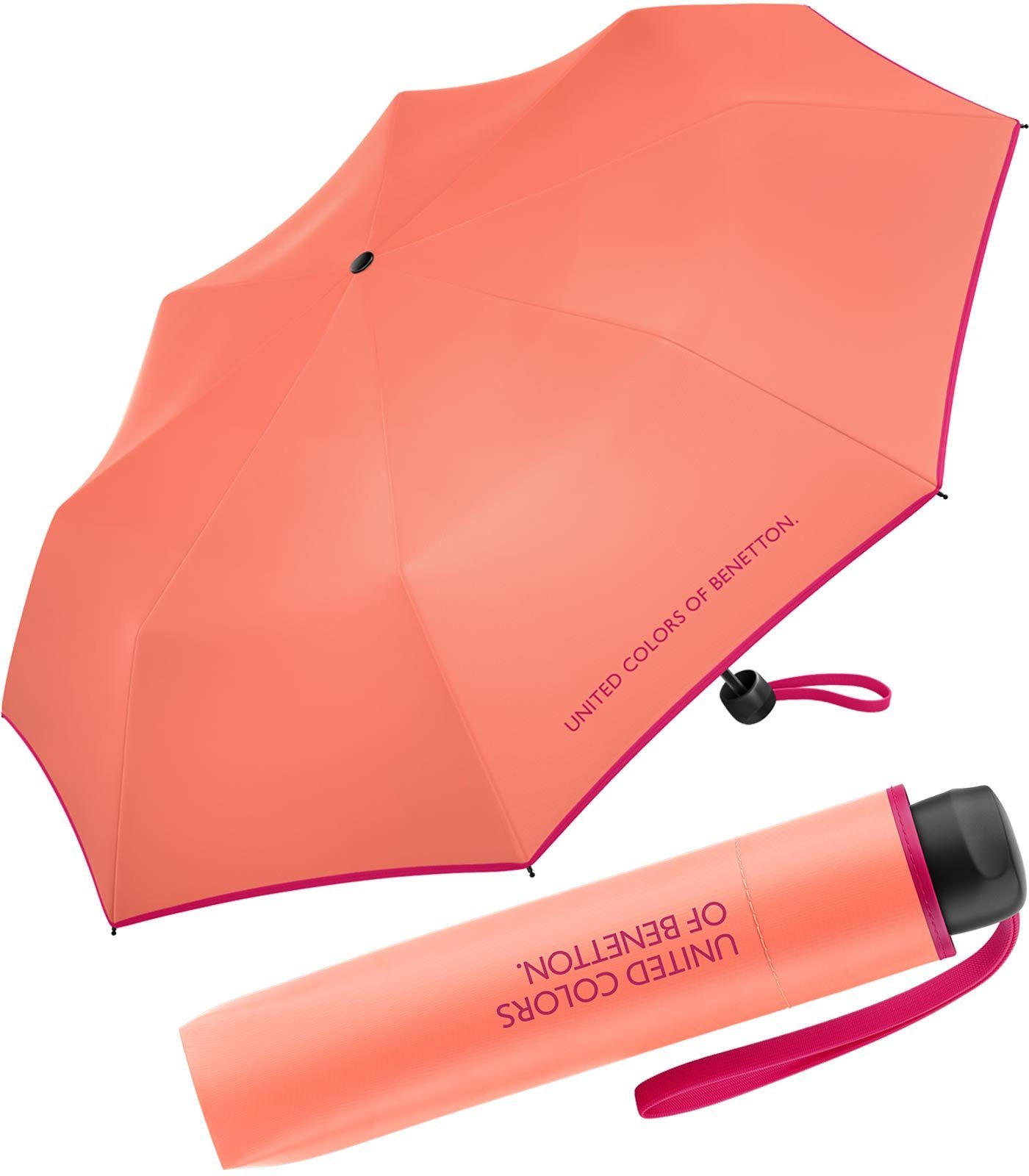 United Colors of Benetton Taschenregenschirm Super Mini HW 2022 - fresh salmon, leuchtende Modefarben mit kontrastreichem Saum