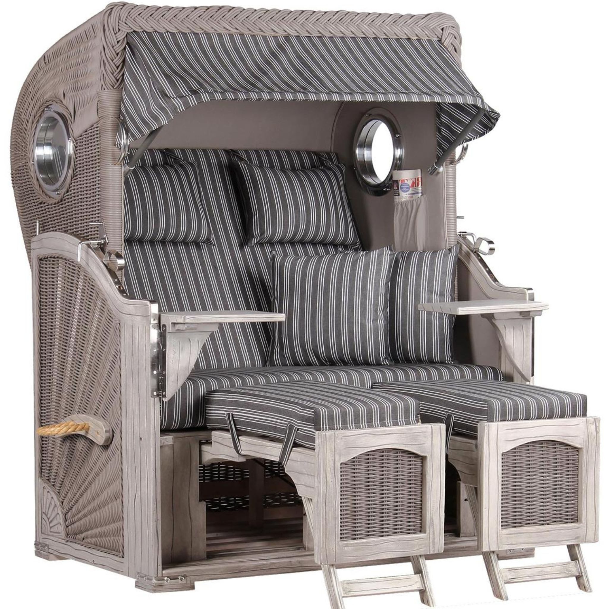 MR.DEKO Strandkorb 2-Sitzer Düne Koboo Graues Holz, Volllieger mit Bullauge, BxTxH: 125x80x170 cm, Volllieger, Düne Grande, (Fertig montierter Strandkorb für Garten, Terrasse & Balkon), Wetterfester Volllieger mit Edelstahlbeschlägen & waschbaren Polstern