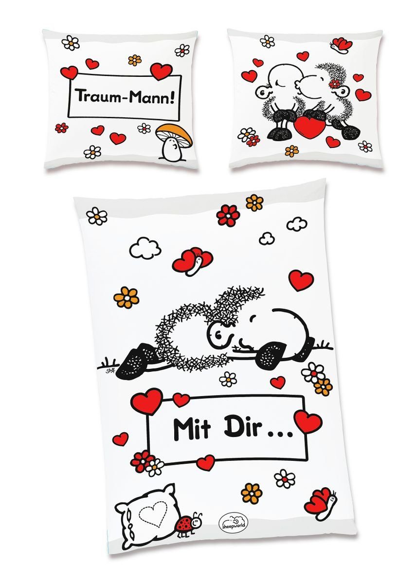 JACK Partnerbettwäsche JACK Renforcé Bettwäsche sheepworld Traum Mann & Frau 135x200cm 4 tlg., Renforcé, 4 teilig, Partner-Wendebettwäsche mit witzigem Schaf und Herzen, Reißverschluss