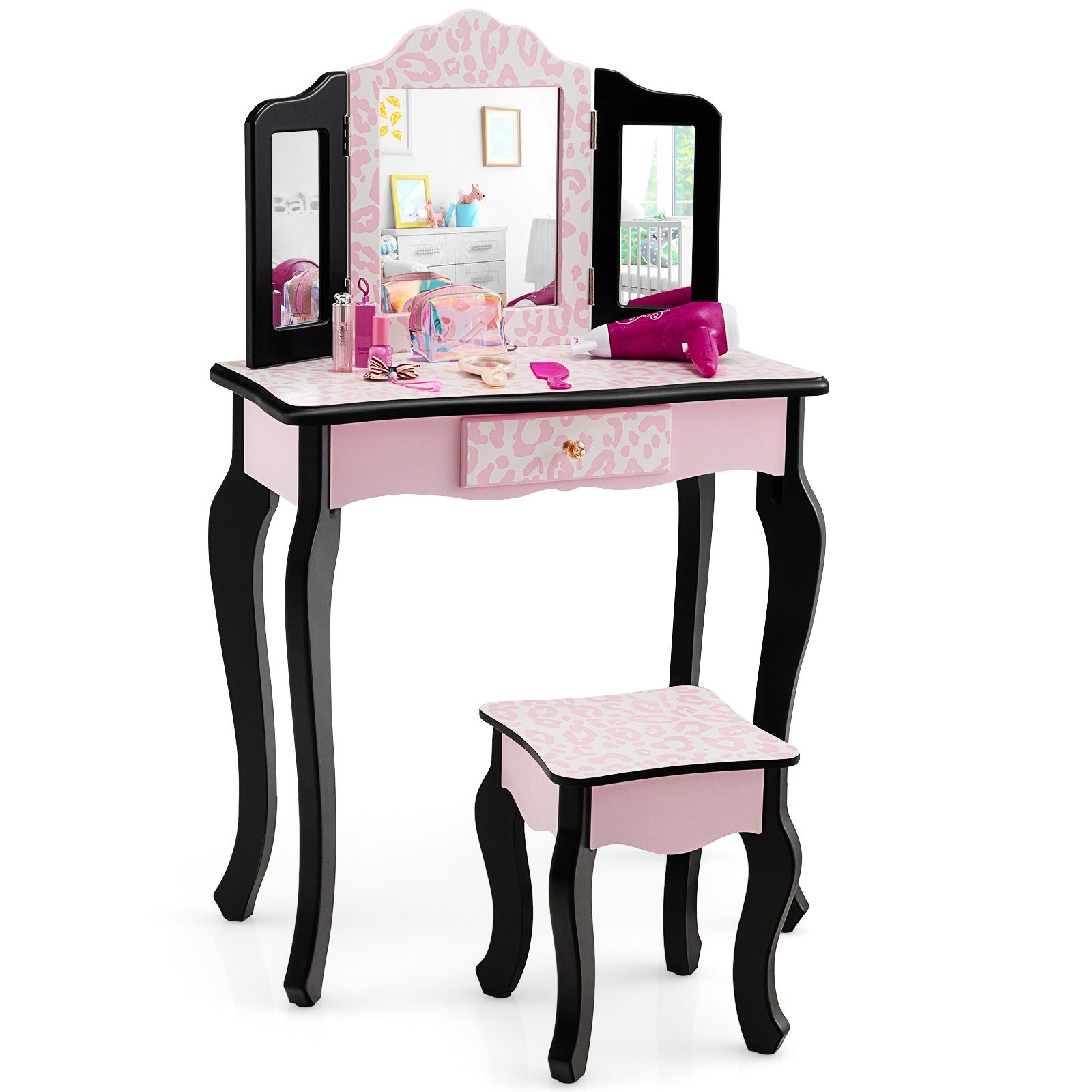 und Kinder Schminktisch rosa Schreibtisch, schwarz Schublade COSTWAY & Spiegel mit