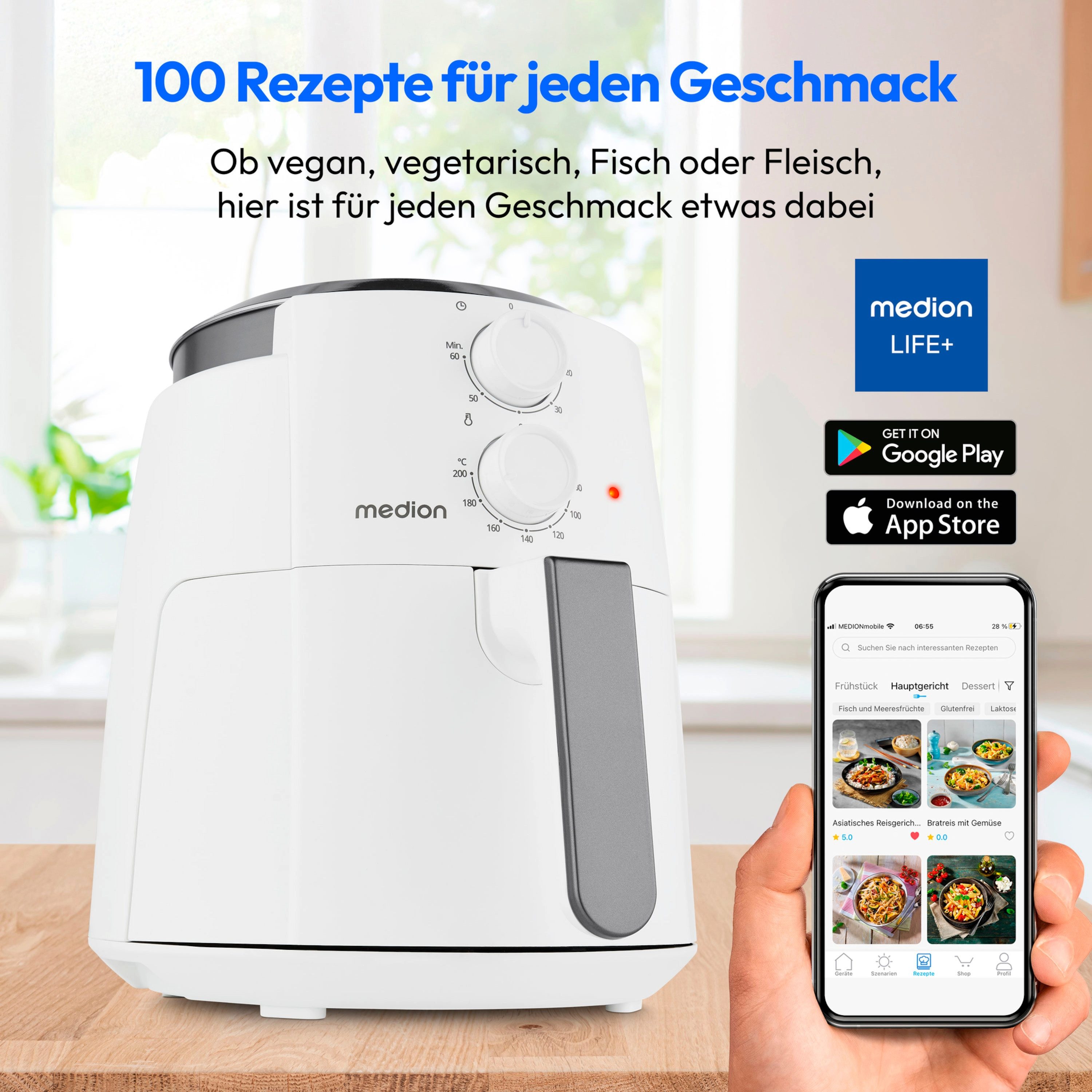 Medion® Heißluftfritteuse MD13020, 1500 W, 4,7 Liter, 60 Min Timer, bis 200°C, Antihaft-Beschichtung, schwarz