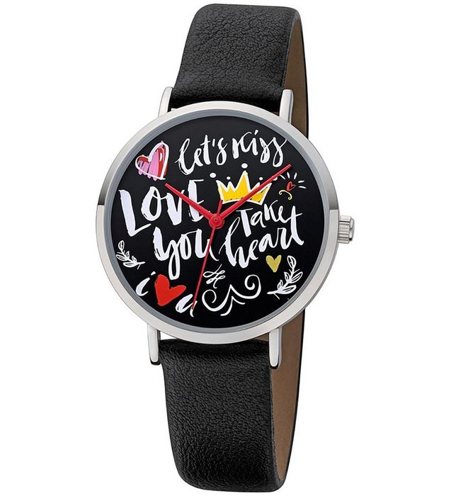 Regent Quarzuhr Regent Damen Uhr Scribble Look BA-512 (Armbanduhr) Damen Armbanduhr rund Lederarmband schwarz