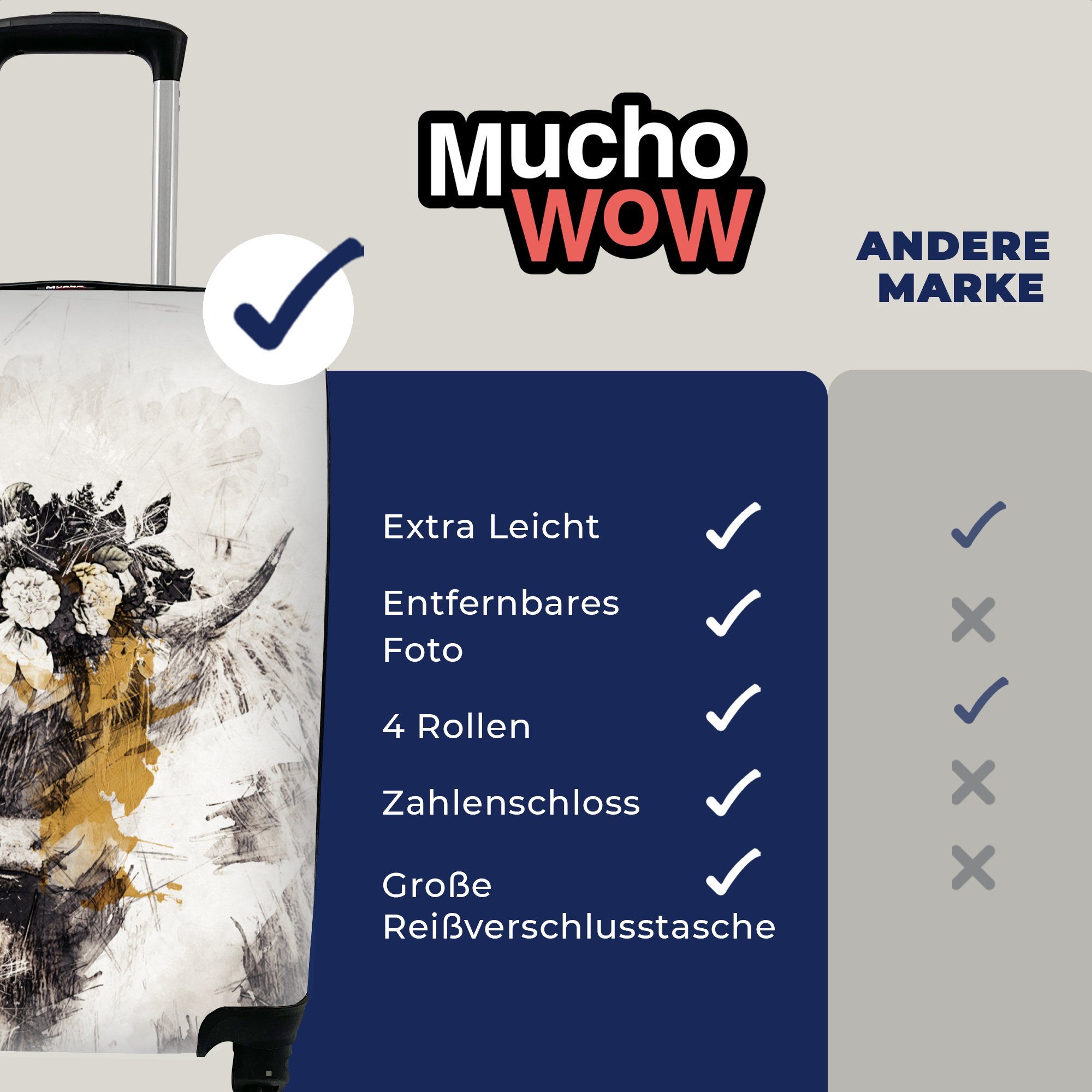 Reisekoffer Blumen, Reisetasche Highlander Schottischer Rollen, Farbe Handgepäck Ferien, 4 für Trolley, mit Handgepäckkoffer MuchoWow - rollen, -