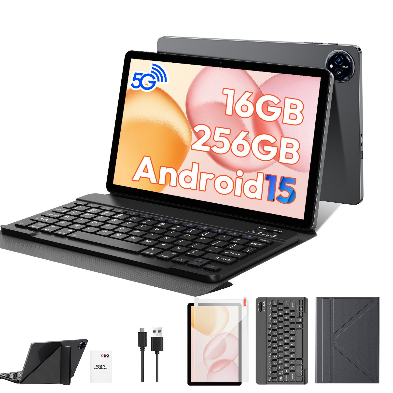 Android 15 11" 16GB+256GB mit Tastatur, Ledertasche und Ladegerät Tablet