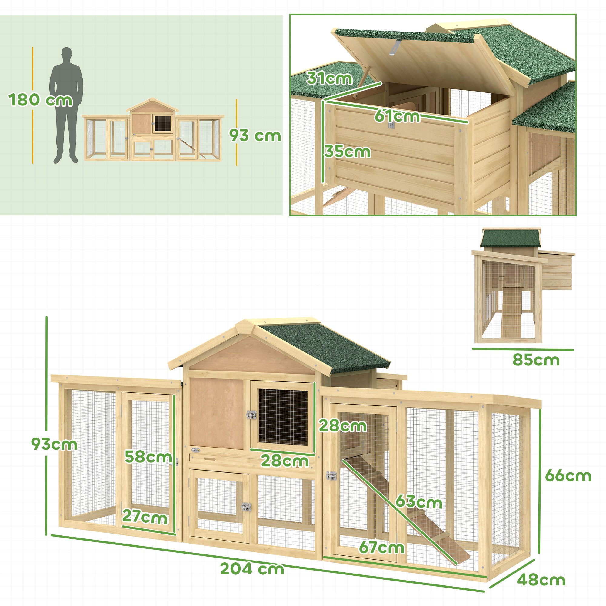 PawHut Hühnerstall Hühnerhaus, Freilaufgehege mit 2 Ebenen, Nistkasten, Sitzstange, für Enten, Kaninchen, für Garten, 204x85x93 cm Naturholz