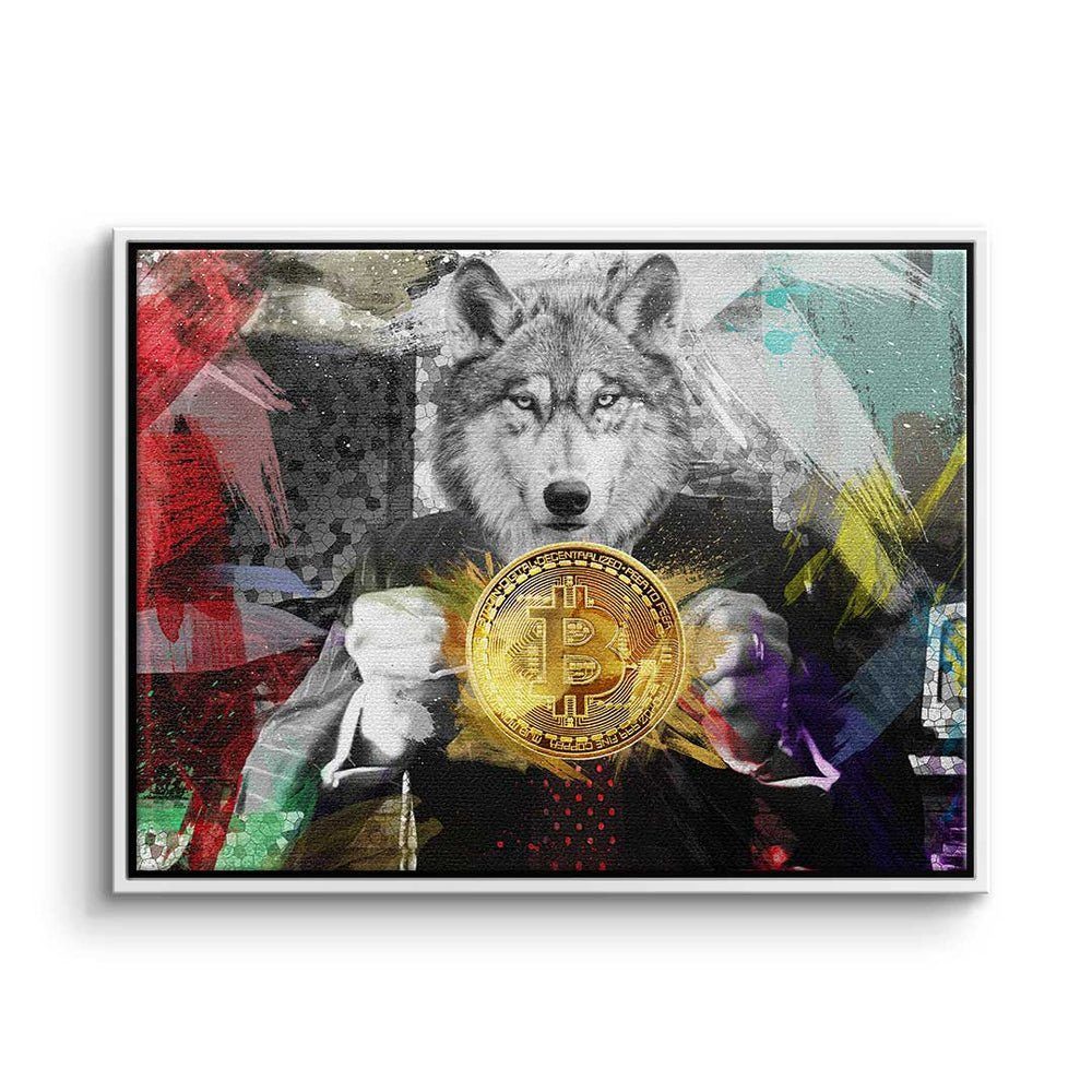 Trading Rahmen Motivation Wolf Premium Leinwandbild DOTCOMCANVAS® Bitcoin Bitcoin goldener - - Wolf, - Crypto - Leinwandbild