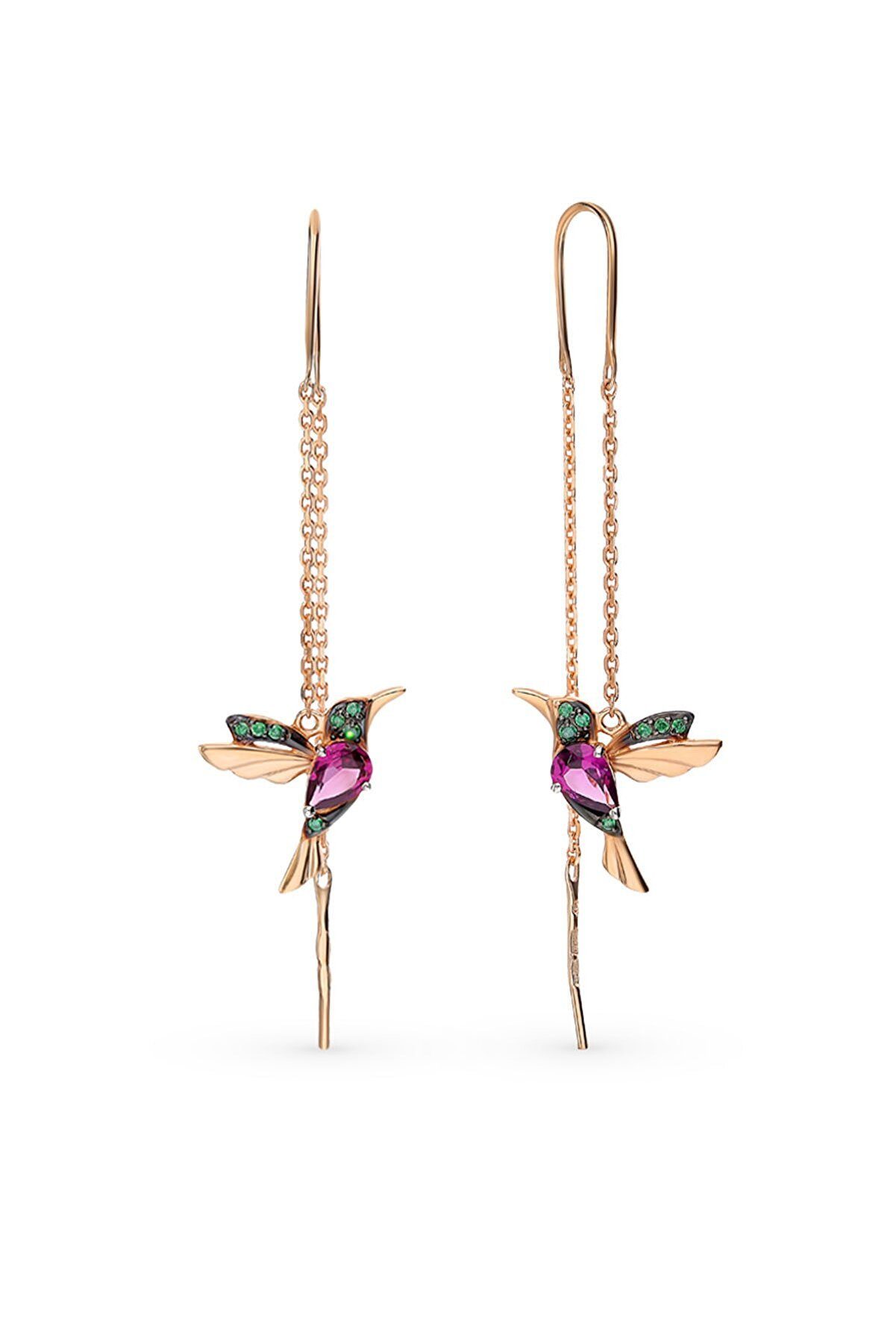 Einzelstück Paar Ohrhänger Einzelstück Kolibri Ohrringe aus 925 Sterling Silber, rosé vergoldet, mit funkelnden Steinen