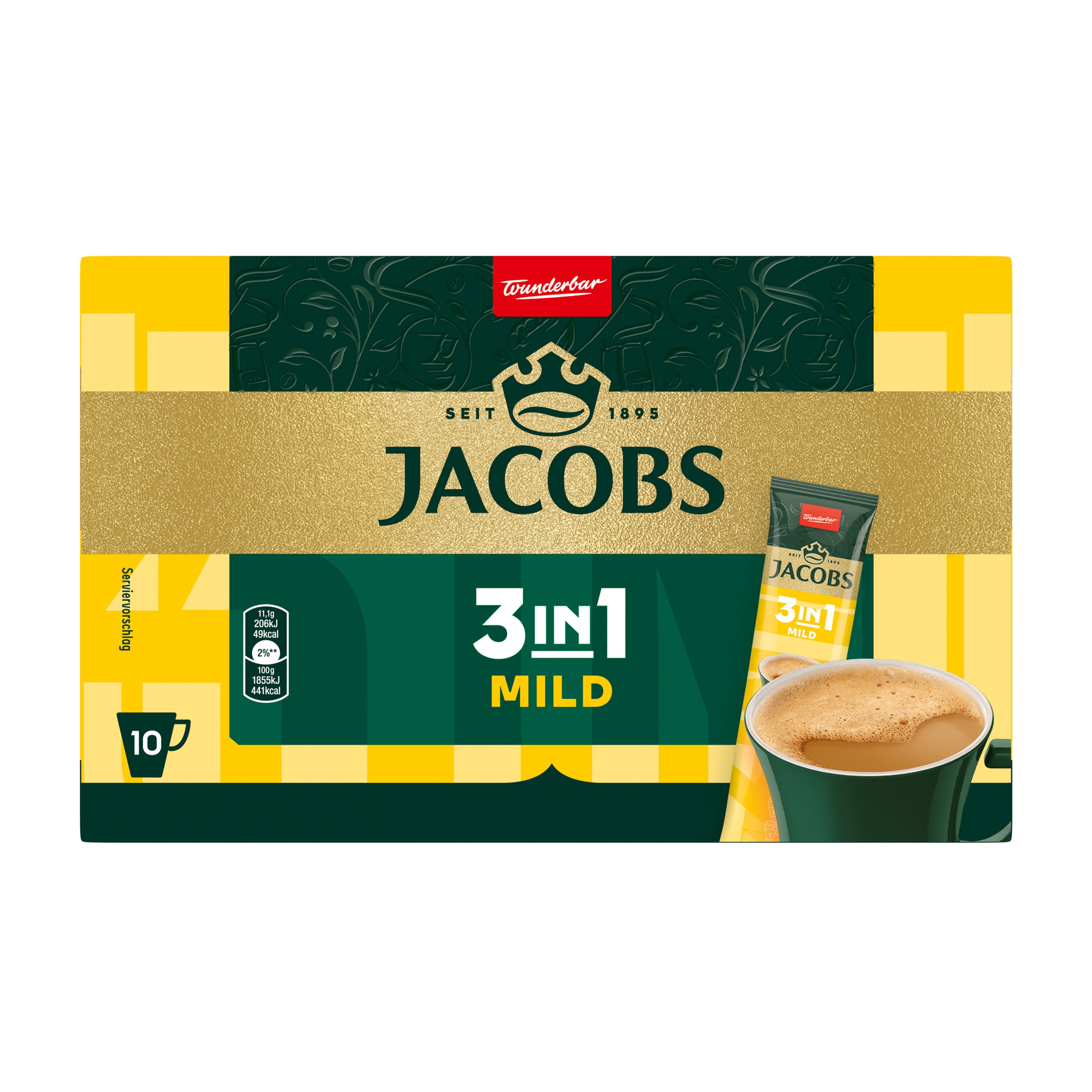 JACOBS Kaffee Löskaffee 3in1 MILD Instantkaffee 12 x 10 Sticks = 120 Getränke, 1332 g, (Packung, 12er Pack) – Bild 2 von 5