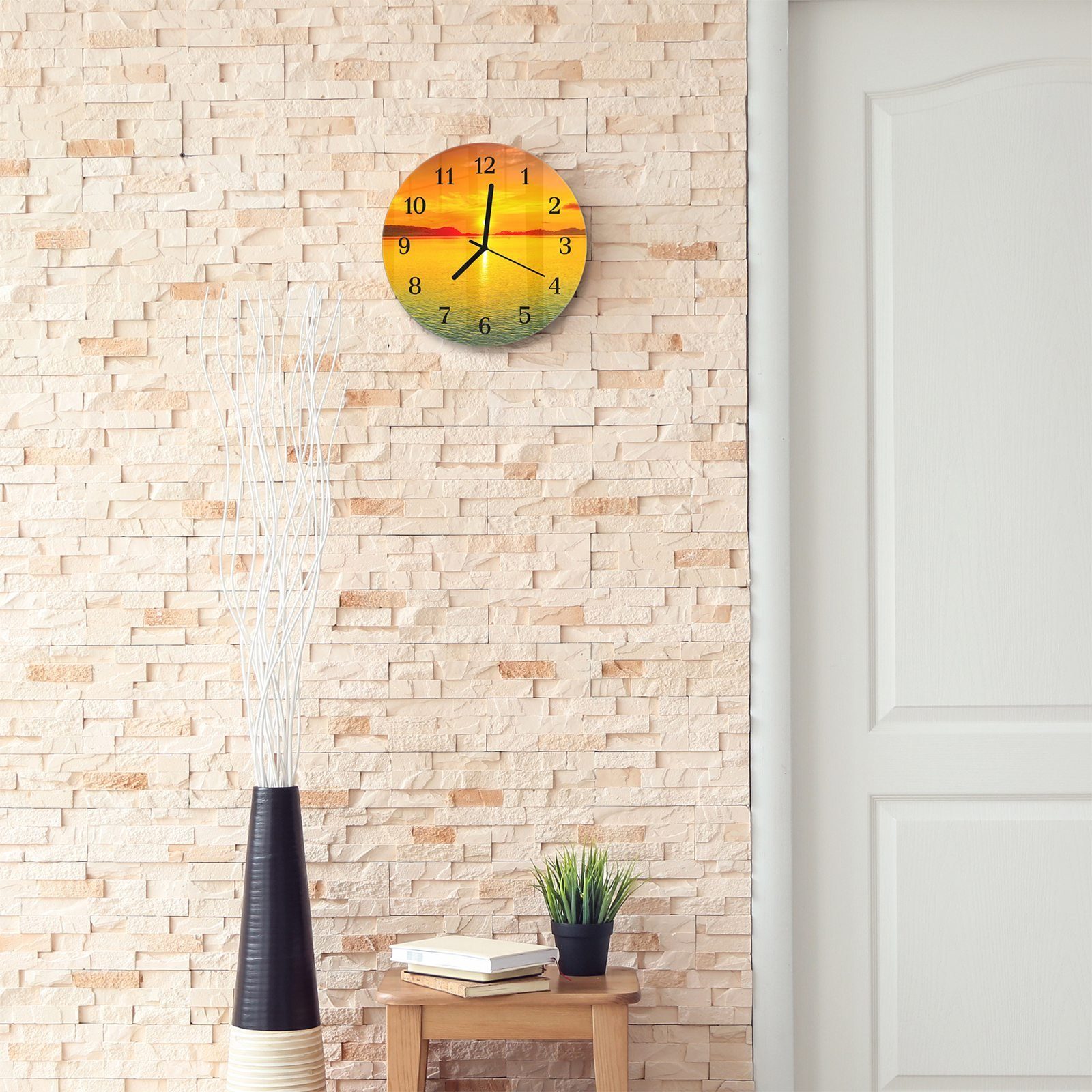 Primedeco Wanduhr Durchmesser See 30 am mit und Quarzuhrwerk cm - Glas Motiv Rund aus Sonneuntergang mit Wanduhr