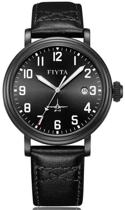 FIYTA Fliegeruhr »DGA31001.BBB Automatikuhr schwarz mit Datum, Leuchtzeigern und Lederarmband«, Mach Pilot
