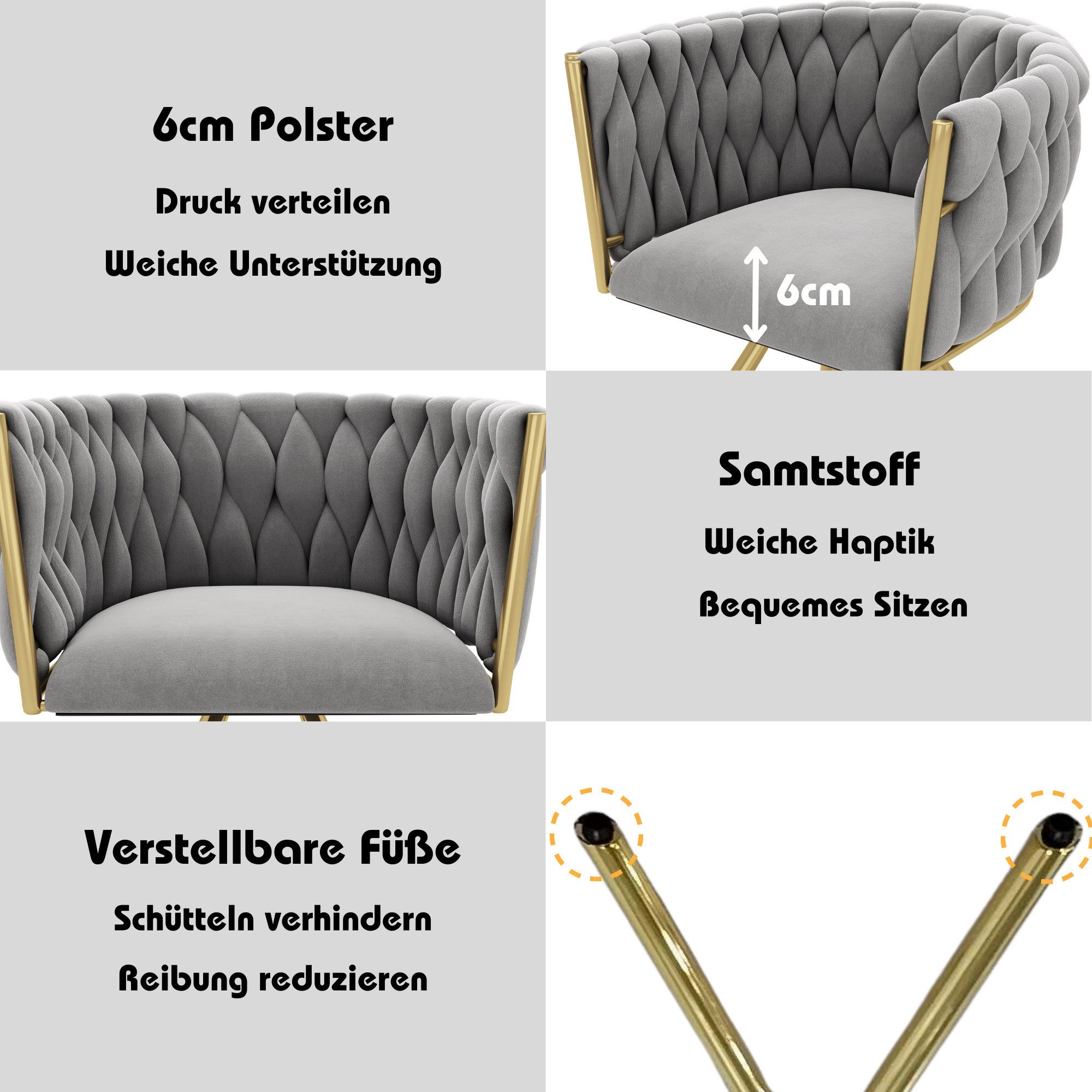 Flieks Esszimmerstuhl (360° drehbar, Set, 6 St), 6er Set Polsterstühle Drehstuhl Wohnzimmerstuhl Samt, Stahlbeine – Bild 5 von 5