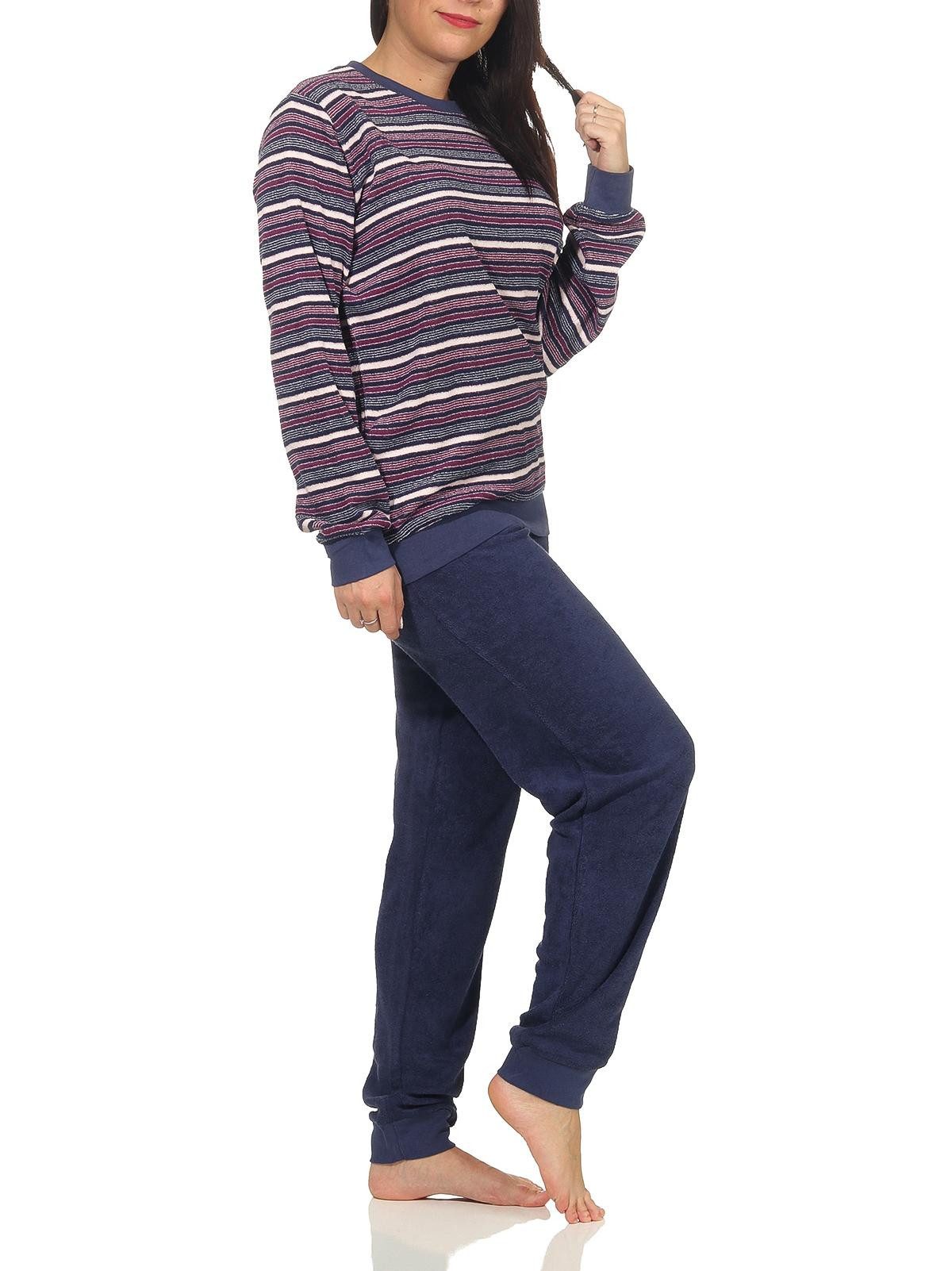 Normann Pyjama Damen Frottee Pyjama langarm Schlafanzug mit Bündchen Streifenoptik – Bild 3 von 5