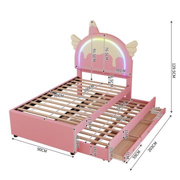 Ulife Polsterbett Kinderbett Familienbett Jugendbett mit ausziehbares Bett, Cartoon Einhornform, drei Schubladen, 90x200cm/90x190cm