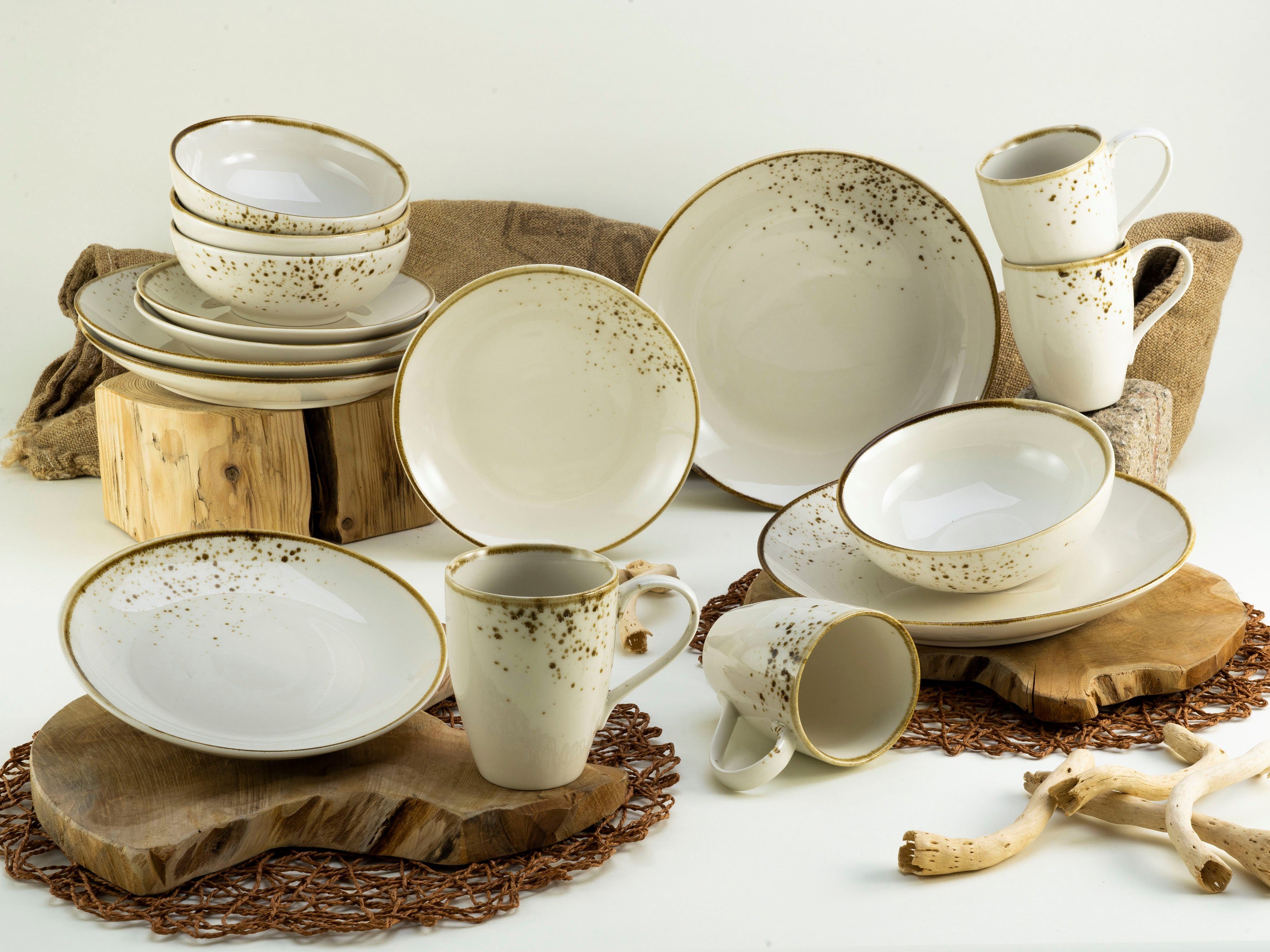 CreaTable Kombiservice Nature Collection (16-tlg), 4 Living Natural ein jedes Reaktivglasur, Stück Unikat Personen, Steinzeug