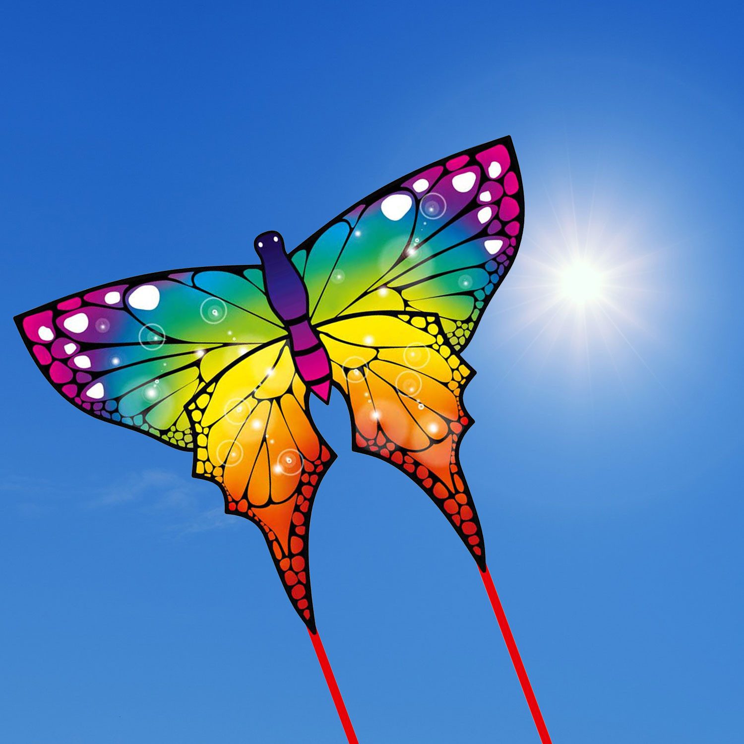 HQ Flug-Drache HQ Kinderdrachen Einleiner Butterfly Rainbow 97 cm, „Ready to Fly“ - inklusive Griff mit Schnur
