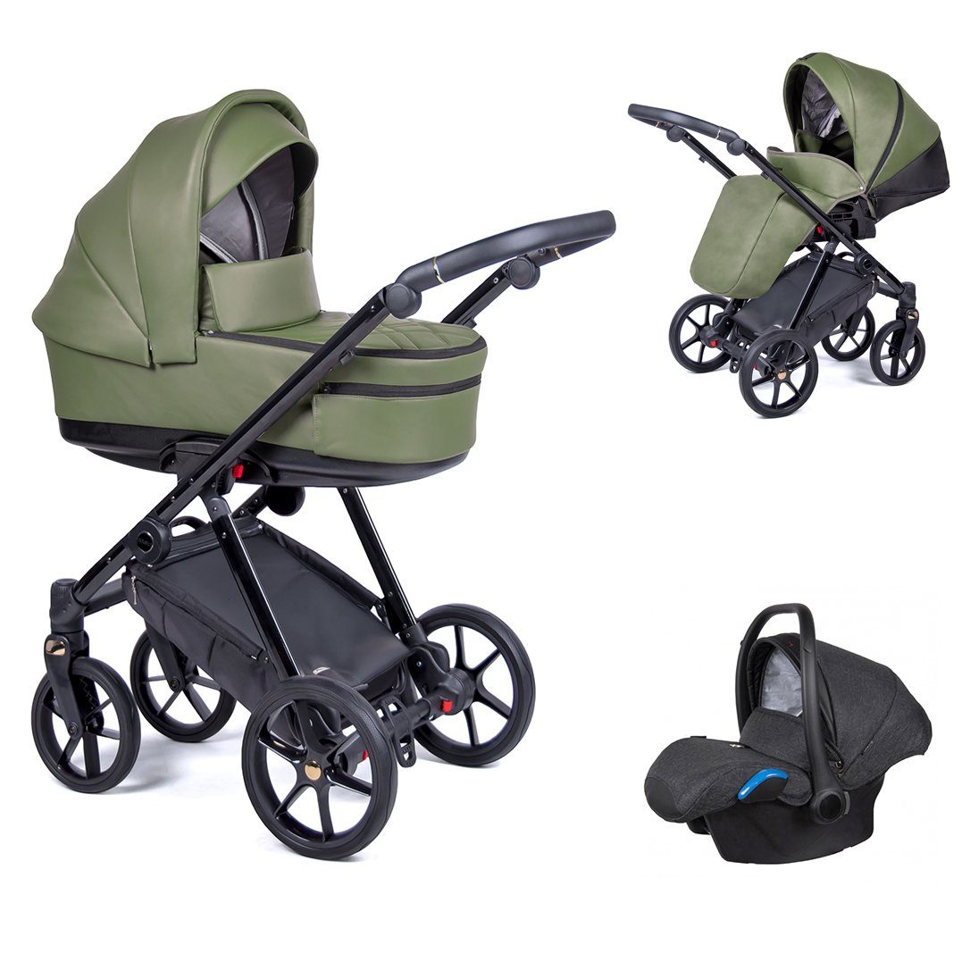 babies-on-wheels Kombi-Kinderwagen 3 in 1 Kinderwagen-Set Axxis Premium - 15 Teile - in 12 Designs Tannengrün = Gestell schwarz | Kombikinderwagen