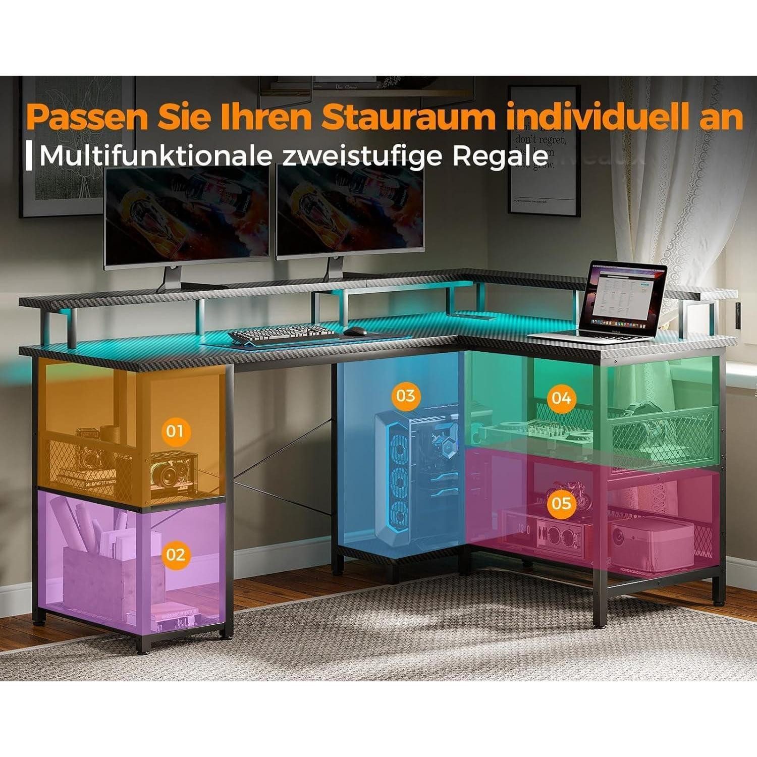 LuxusKollektion Gamingtisch Gaming Eckschreibtisch LED USB Steckdosen Kohlefaser Schwarz 150×102cm