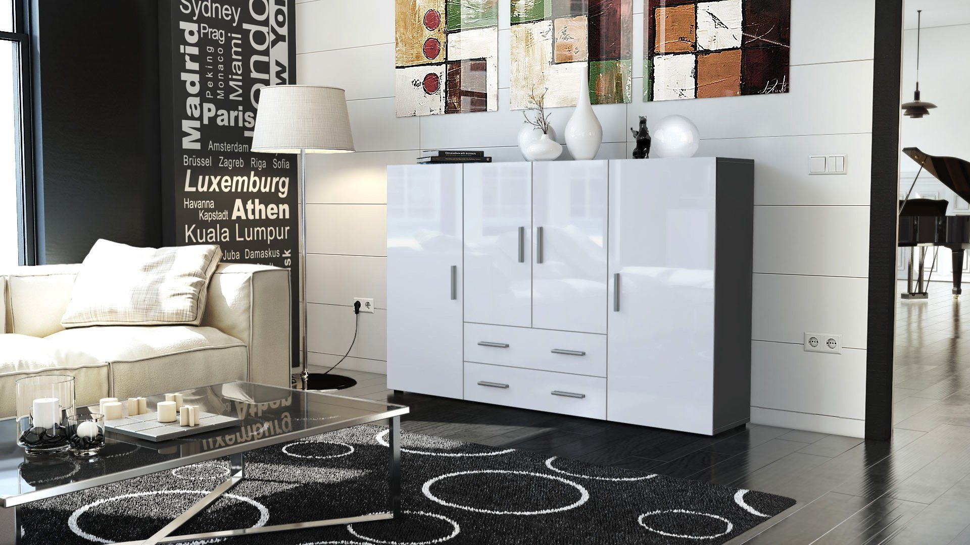 Vladon Highboard Nora (Anrichte mit 2 Schubladen und 4 Türen, mit insgesamt 8 Fächer dahinter), Anthrazit matt/Weiß Hochglanz (166,5 x 106,5 x 35 cm)