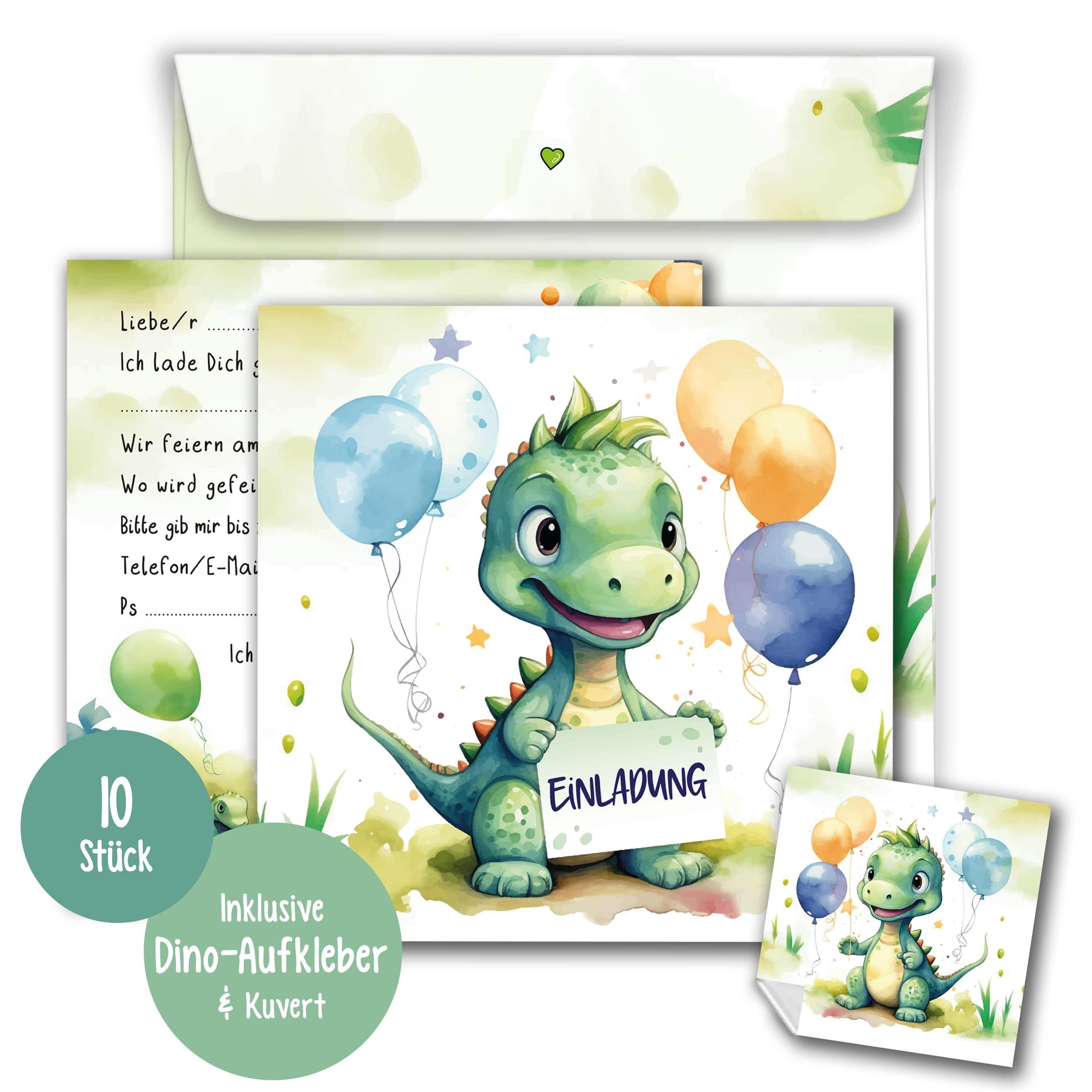TOBJA Einladungskarten 10 Einladungskarten Dino inkl Umschläge und Sticker, Kindergeburtstag Junge Geburtstag Einladung Kinder