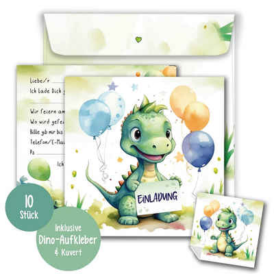 TOBJA Grußkarte 10 Stück Einladungskarte Dino groß Quadrat mit Sticker und Umschlag, Kindergeburtstag Junge Geburtstag Einladung Kinder