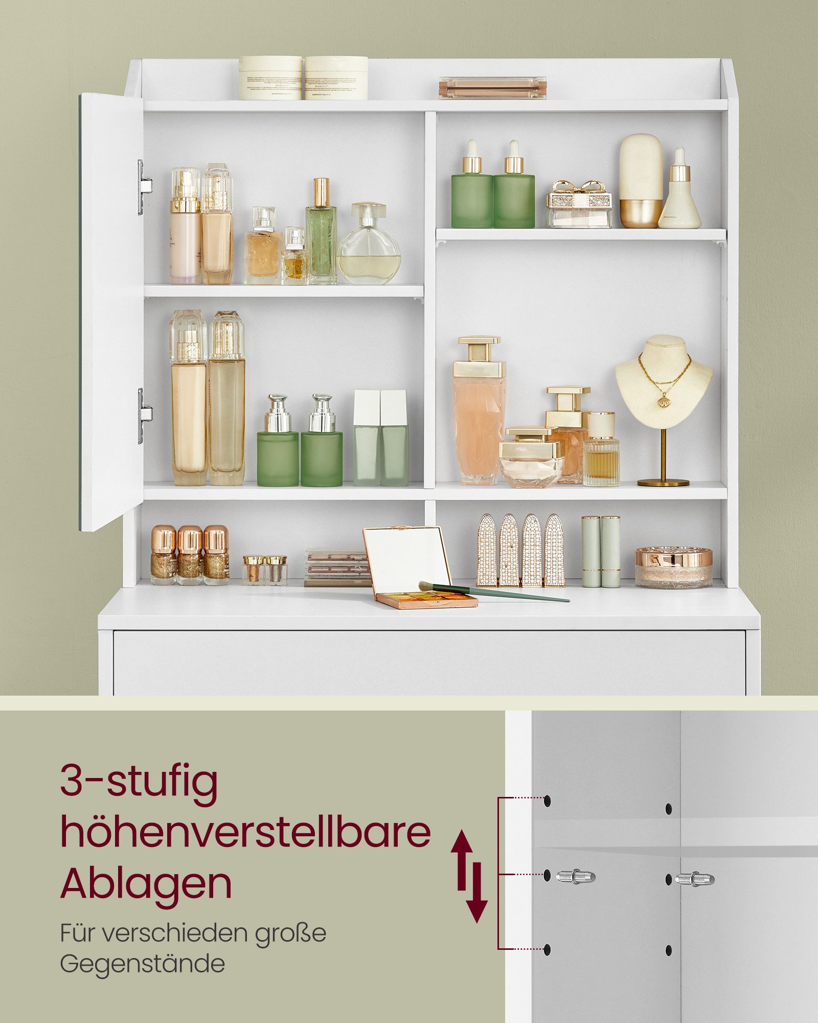 VASAGLE Schminktisch Frisiertisch verstellbare Ablagen, 40 x 70 x 135 cm, modern, mit Spiegel und Einer Schublade – Bild 4 von 5