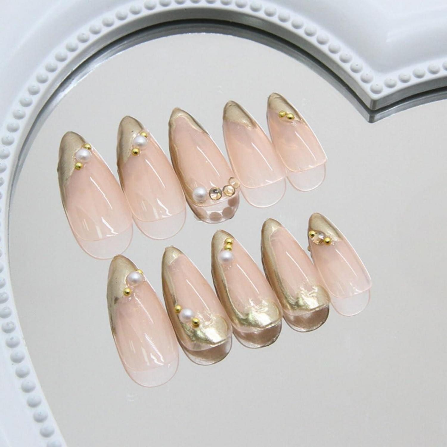 LuxusKollektion Kunstfingernägel Kunstnägel 24er Gold Aufkleben Kurz Mandel 3D 2gold& pearls1