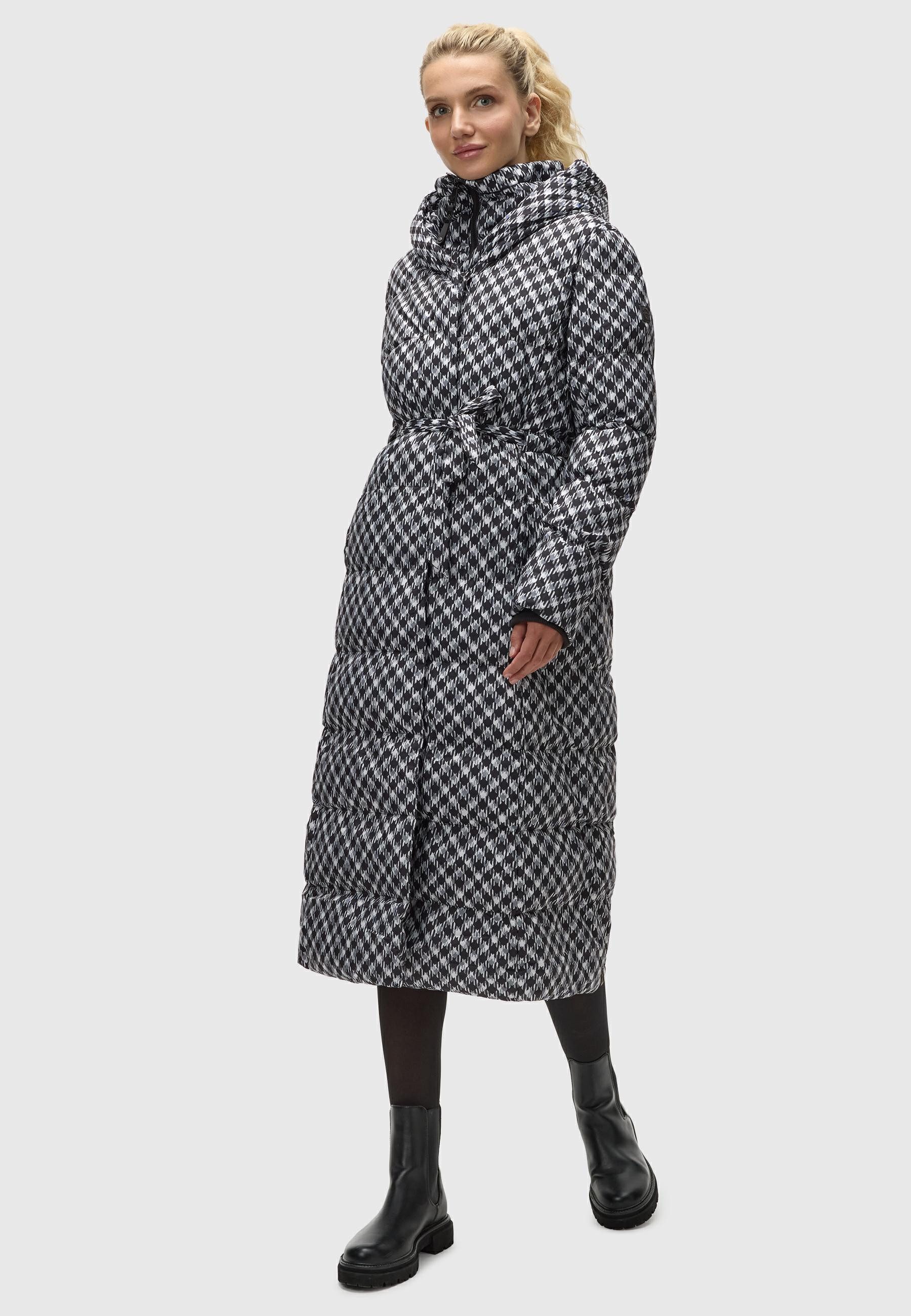 Ragwear Steppmantel Niara Long Print wasserdichter Mantel mit angesagtem Hahnentritt Muster