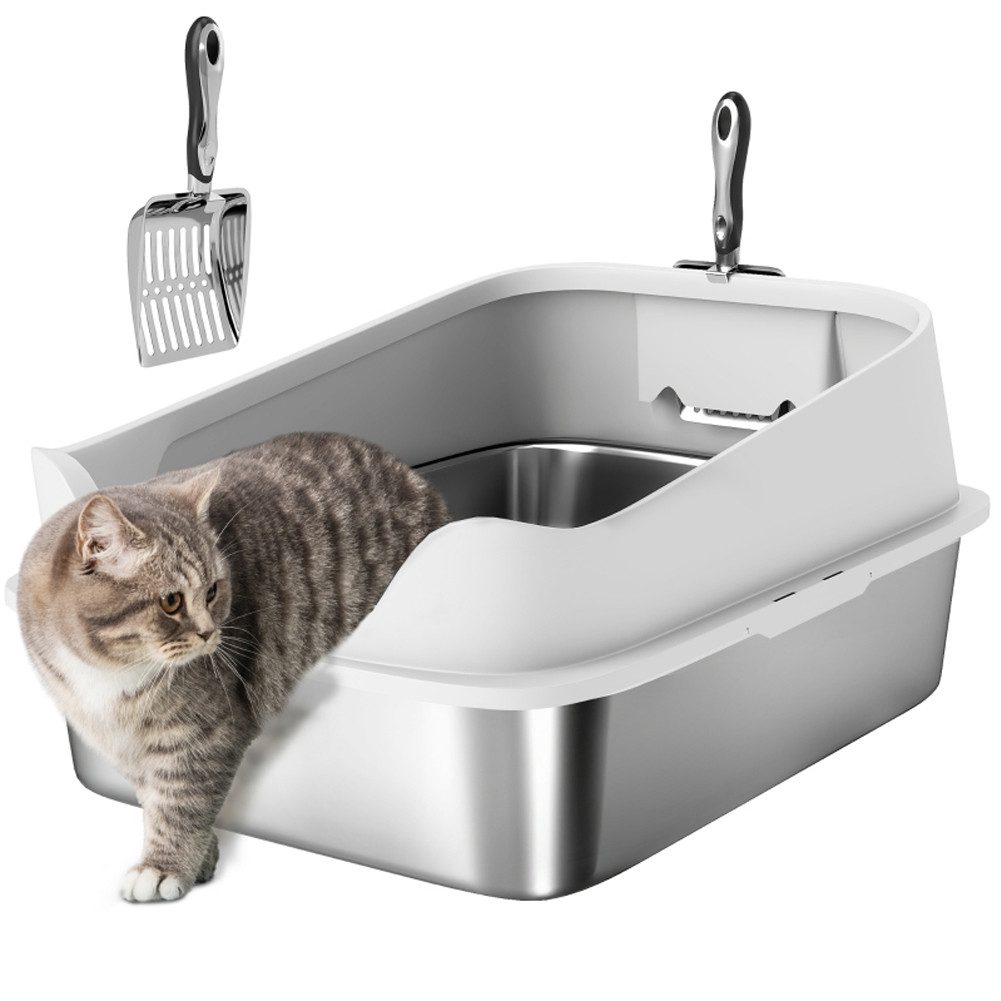 FANNOU Katzentoilette für große Katzen bis 7 kg, 60,2 x 40,2 x 29,7 cm, Edelstahl Offene Katzenklo mit Schaufel hohem Rand