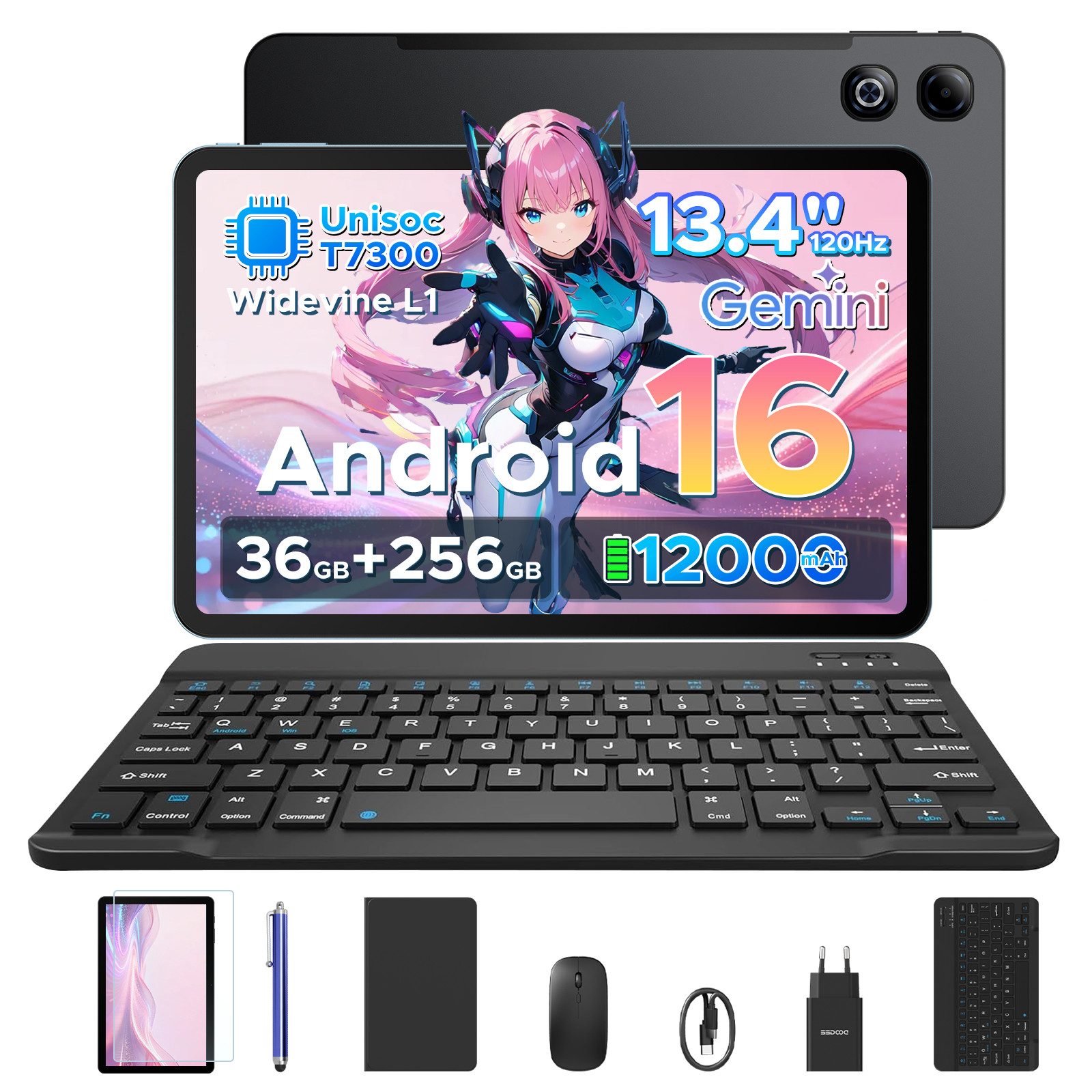 DOOGEE U13Pro Android 16 Tablet 13 Zoll mit Tastatur, Stift, 11000mAh, 120HZ Tablet (13.4", 256 GB, Android 16, Wifi, 36GB RAM (6+30GB erweitert)+ 256GB ROM, Gemini AI, 5G WiFi/Face ID/GPS)