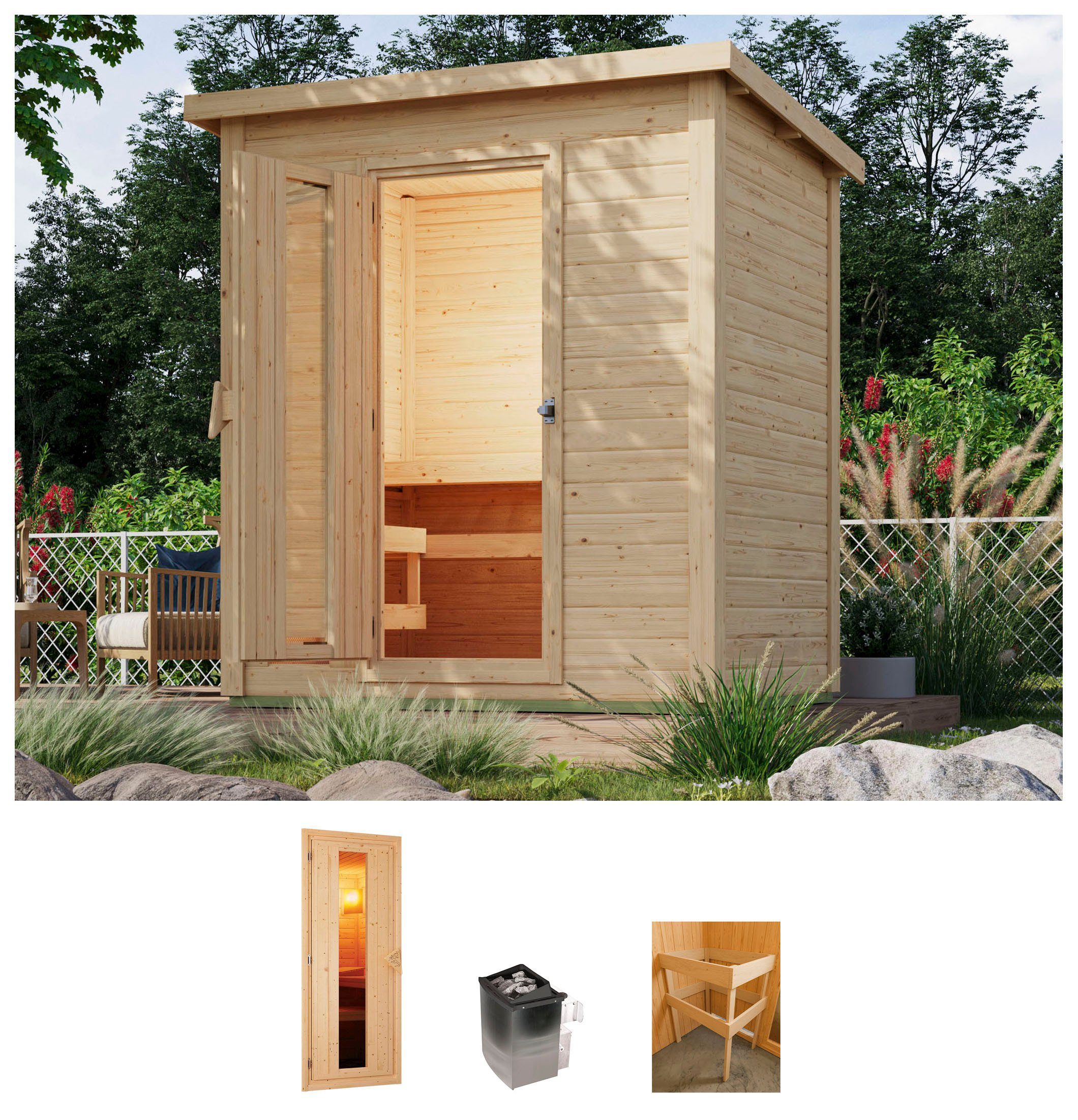 Karibu Saunahaus Talo 1, BxTxH: 213 x 163 x 228 cm, 38 mm, (Set) Ofen 9 kW integr. Strg