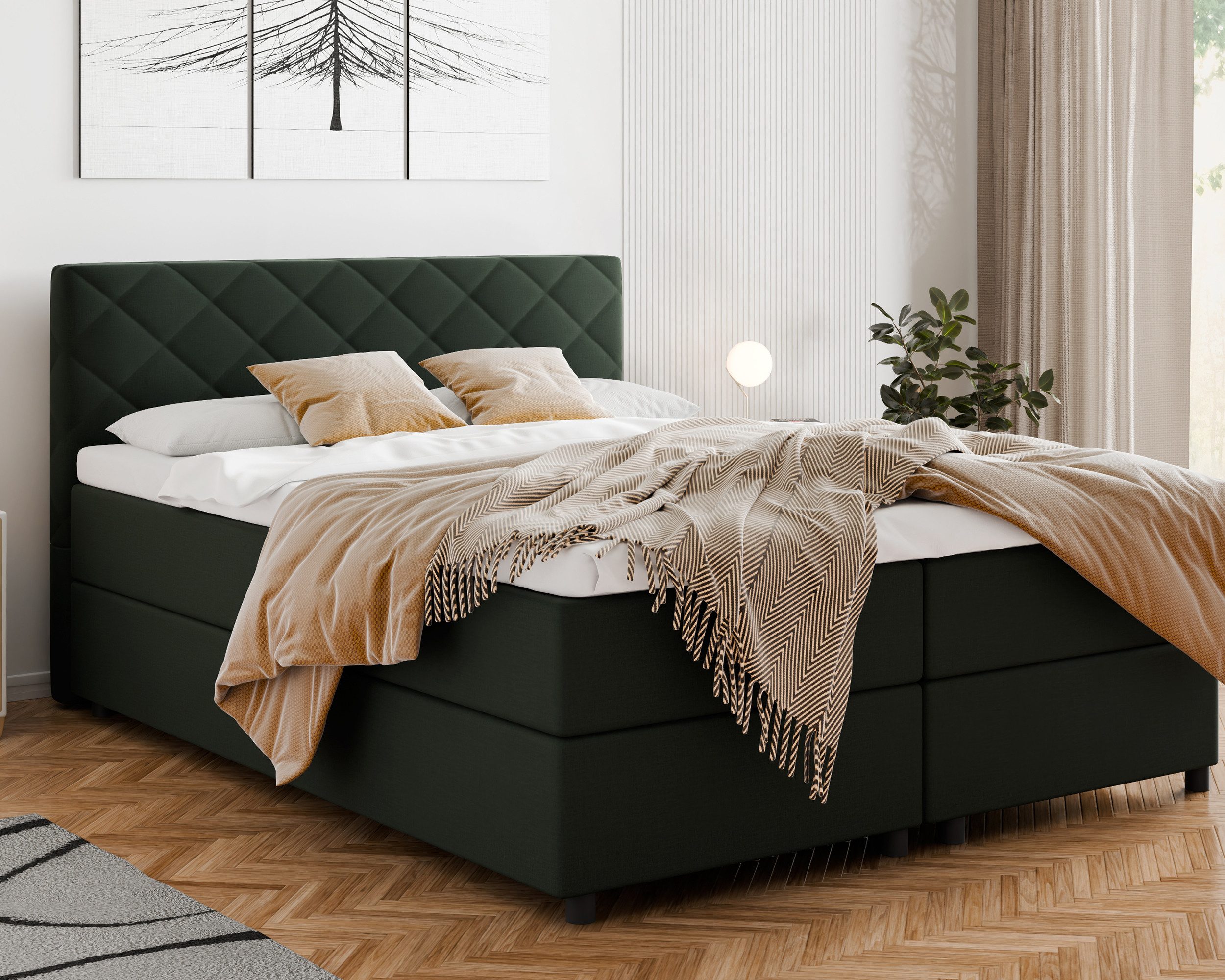 Homesy Boxbett DIAMARO (Boxspringbett inkl. integrierter Matratze und Topper), Praktischer Stauraum mit seitlicher Öffnung
