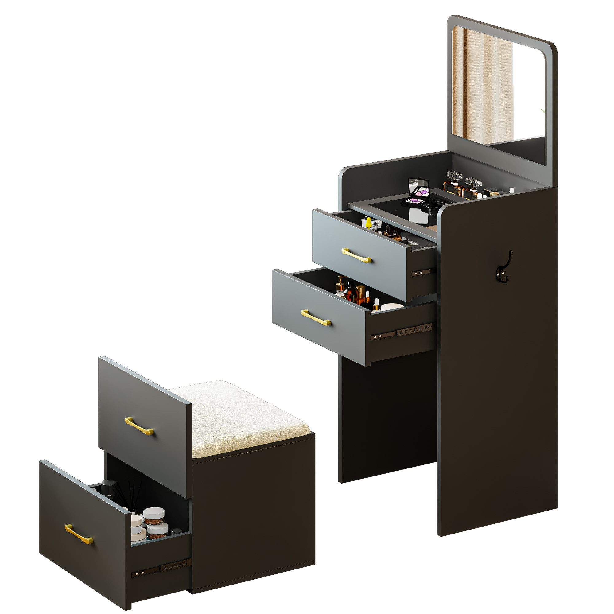 LVifur Schminktisch mit Spiegel und Hocker, platzsparender Kosmetiktisch mit Schubladen, viel Stauraum, ideal für kleine Räume und Wohnungen